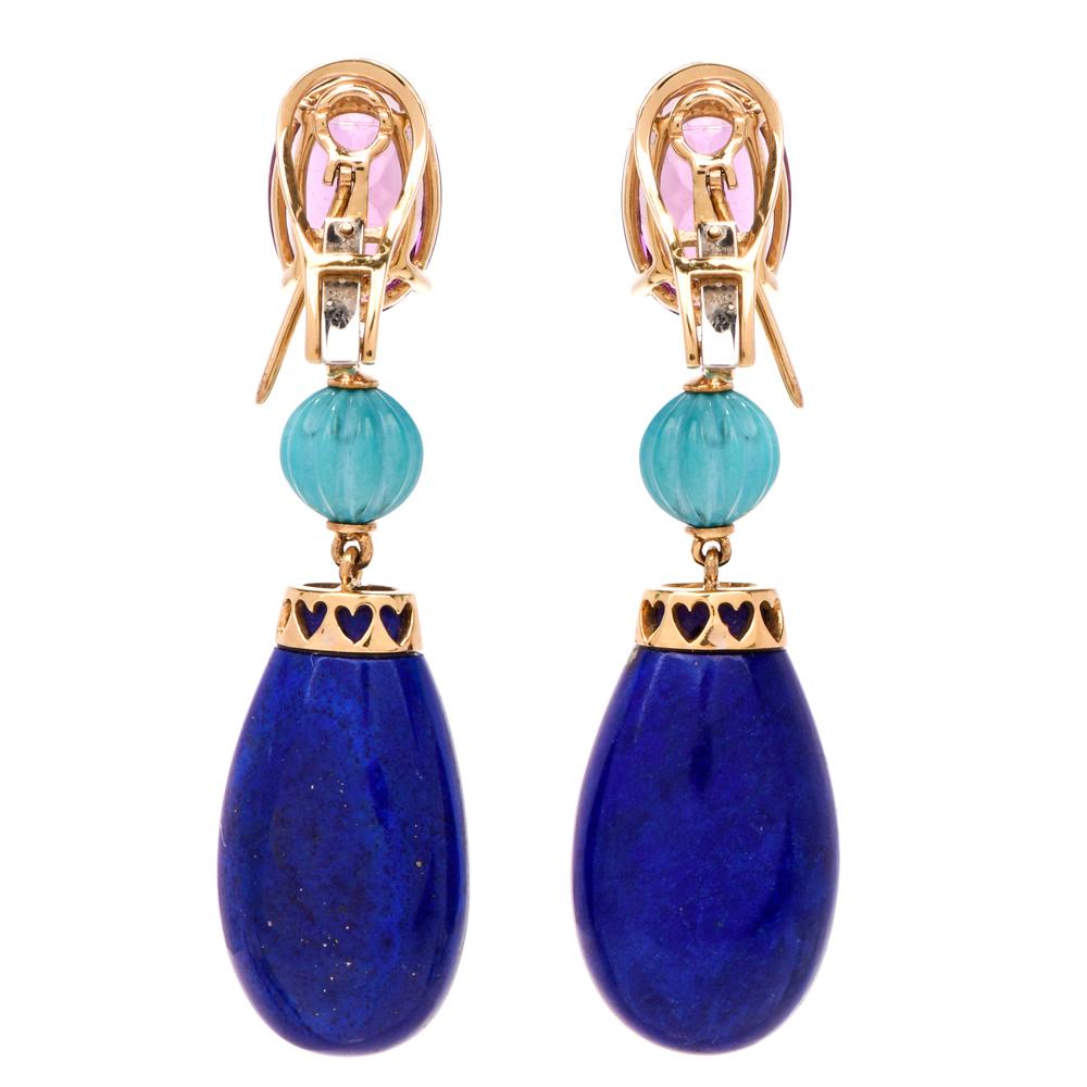Women's Lapis Lazuli Amethyst Turquoise Diamond 18 Karat Gold Dangle Earrings