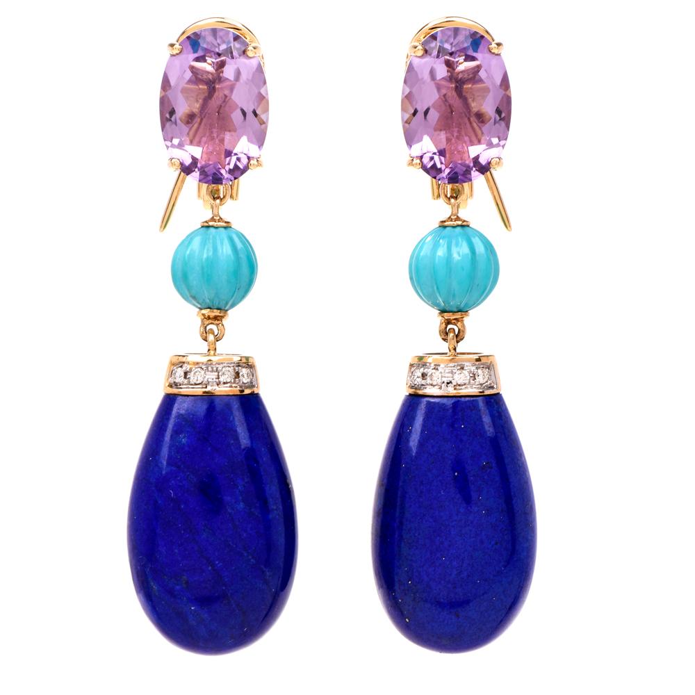 Lapis Lazuli Amethyst Turquoise Diamond 18 Karat Gold Dangle Earrings