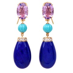 Lapis Lazuli Amethyst Turquoise Diamond 18 Karat Gold Dangle Earrings