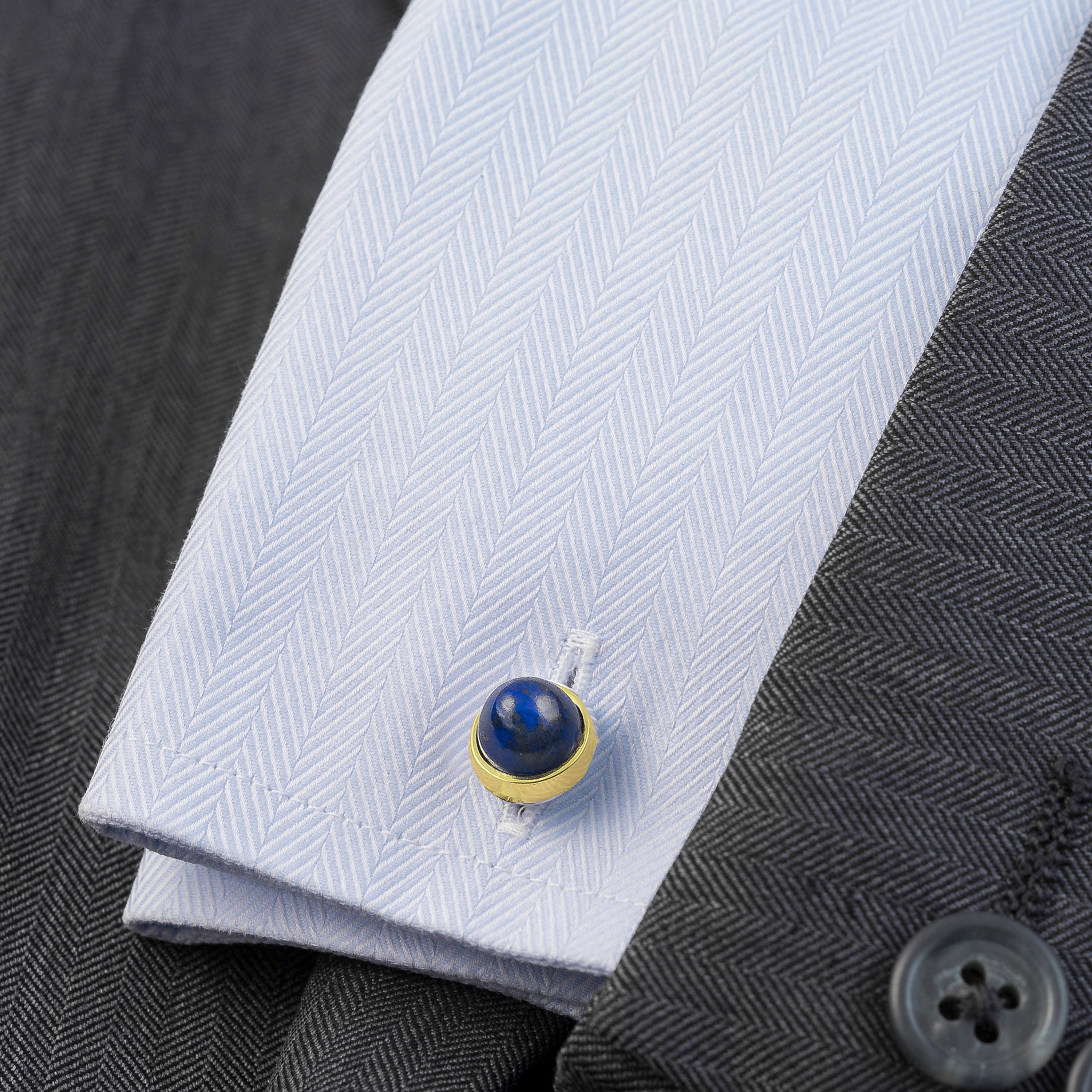 Made to order (**see below) 18k Gold and Lapis Lazuli cufflinks, designed and handmade by Alistair R in our United Kingdom workshop. 

These double sided cufflinks incorporate four round cabochon stones (total 17 Carats) with a pointed dome shape in