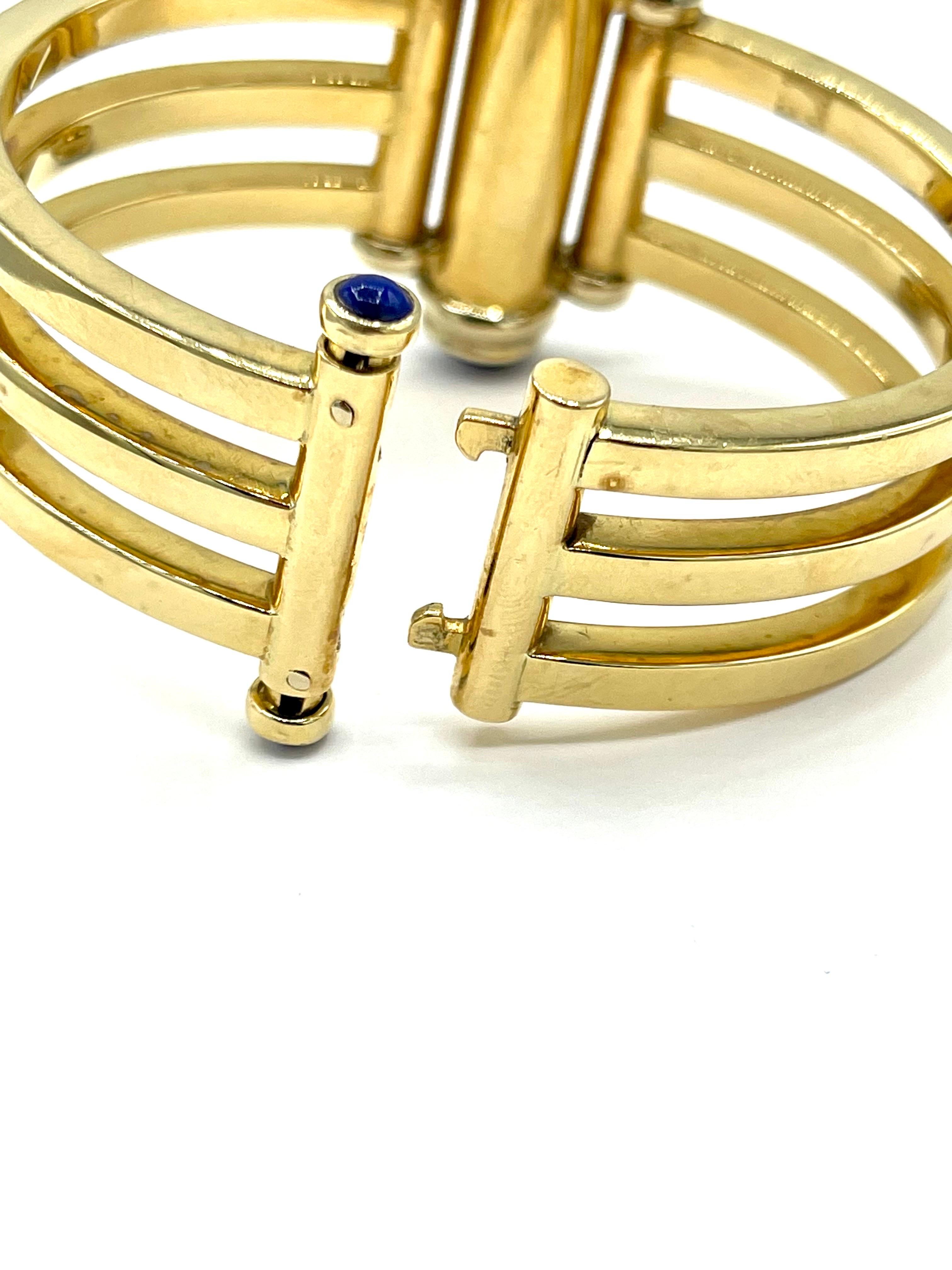 Cabochon Lapis Lazuli and 18K Yellow Gold Three Row Bangle Bracelet For Sale