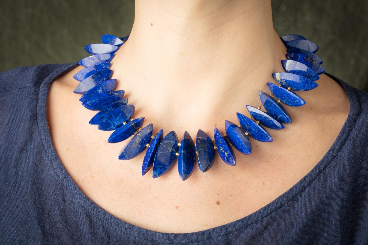 Women's or Men's Lapis Lazuli and 22 Karat Gold Beaded Necklace