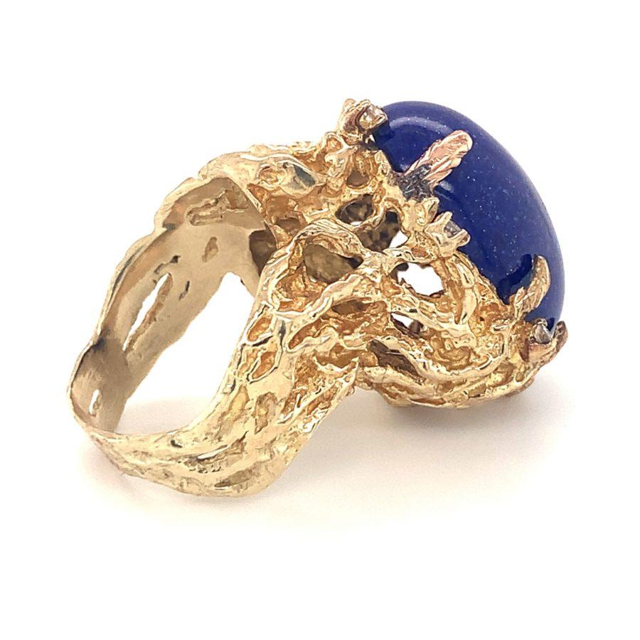 Cabochon Lapis Lazuli and Diamond 14K Yellow Gold Ring, circa 1960s For Sale