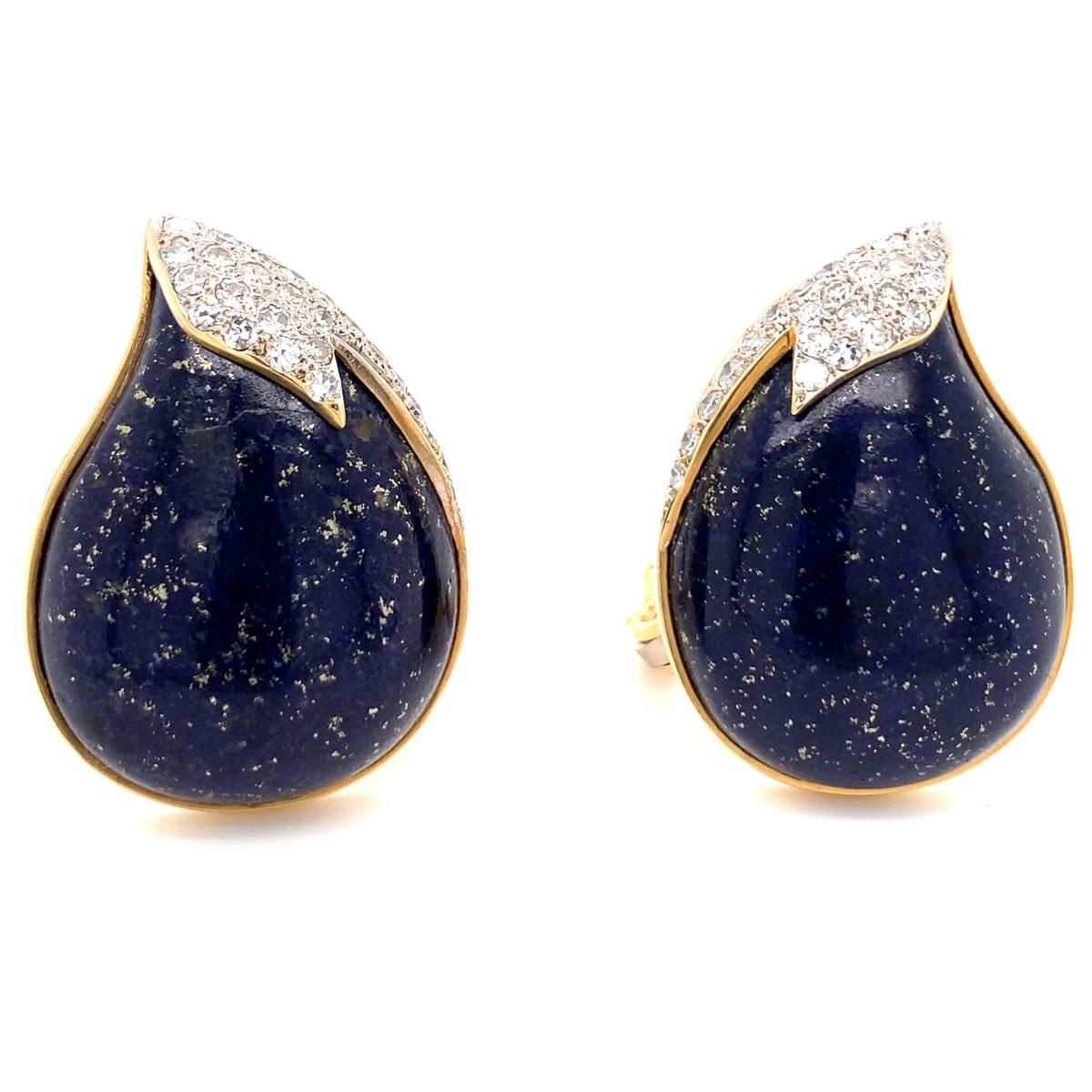 Lapis Lazuli and Diamond 18k Yellow Gold Earrings, circa 1970s In Good Condition For Sale In Beverly Hills, CA