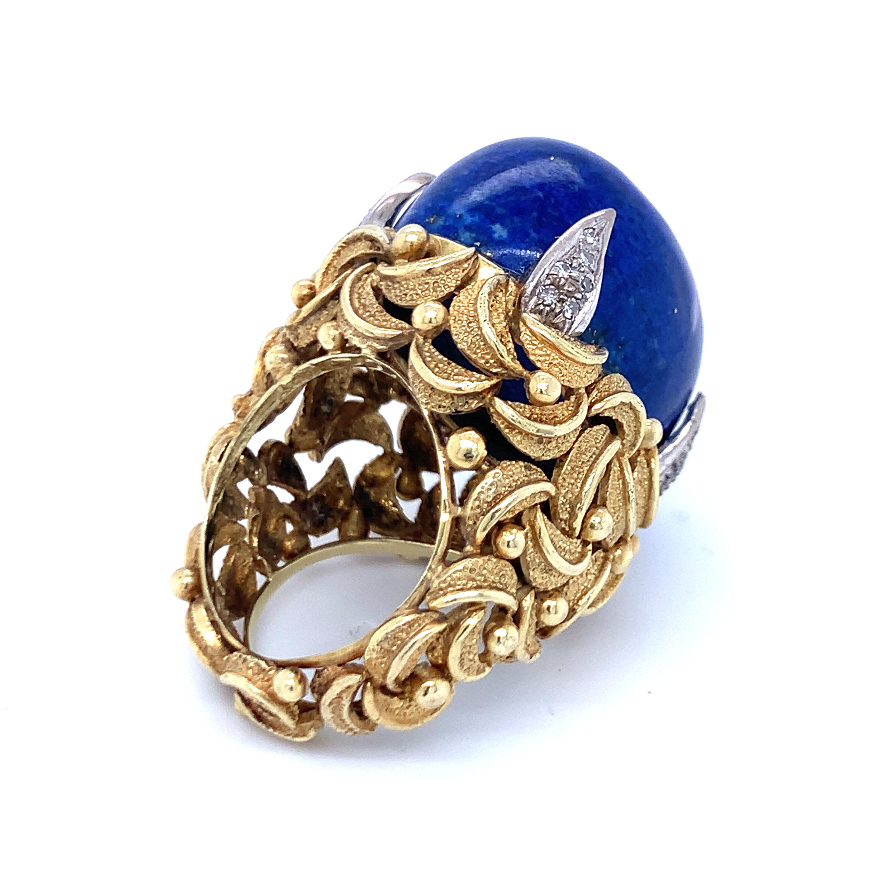Cabochon Lapis Lazuli and Diamond 18K Yellow Gold Ring
