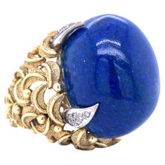 Vintage Lapis Lazuli and Diamond 18K Yellow Gold Ring