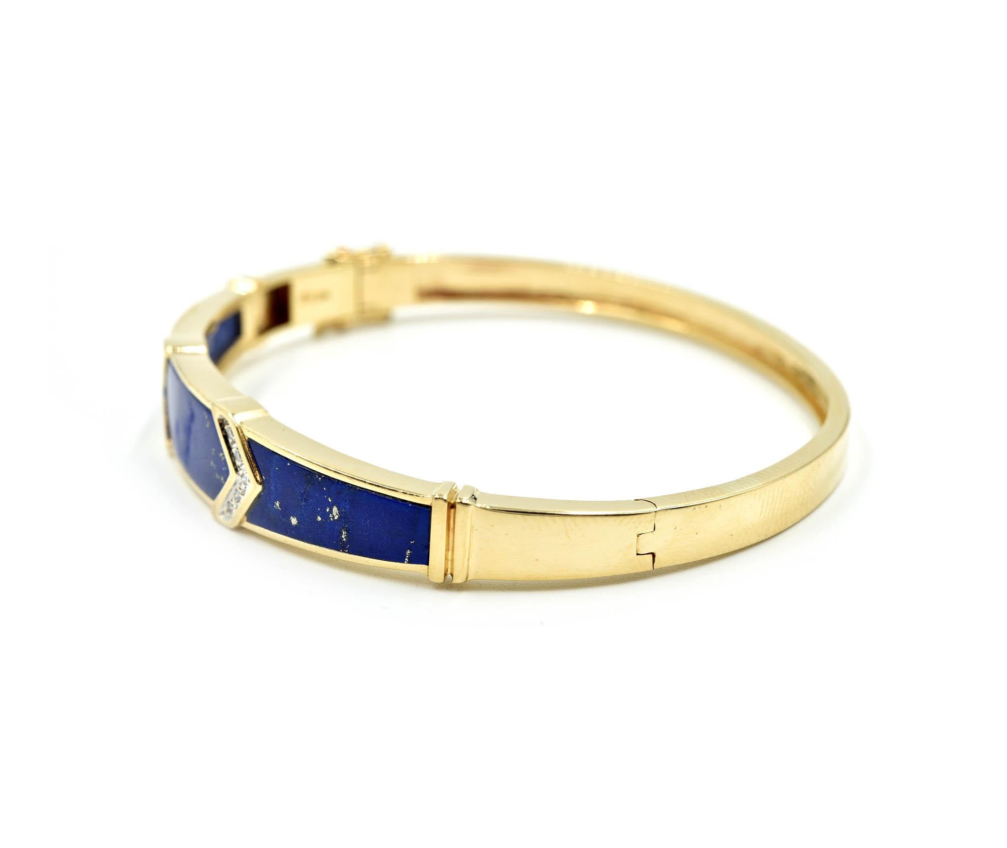 Lapis Lazuli and Diamond Bangle Bracelet 14 Karat Yellow Gold In Excellent Condition In Scottsdale, AZ