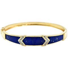 Lapis Lazuli and Diamond Bangle Bracelet 14 Karat Yellow Gold