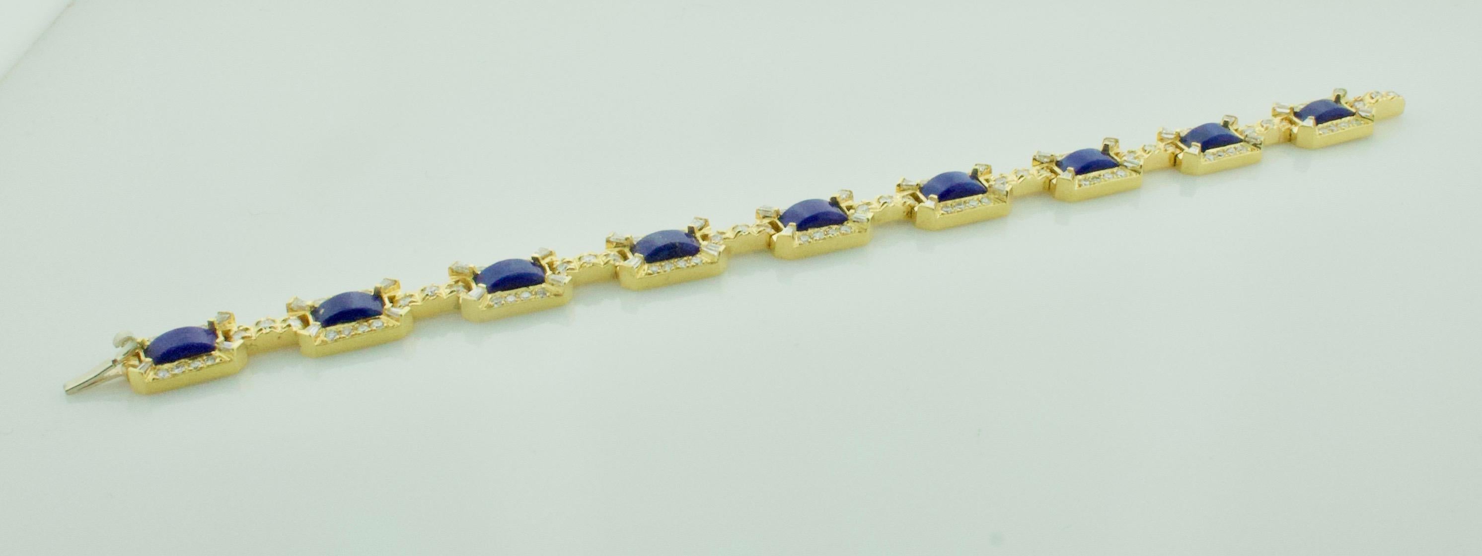 Round Cut    Lapis Lazuli and Diamond Bracelet in 18 Karat Yellow Gold For Sale