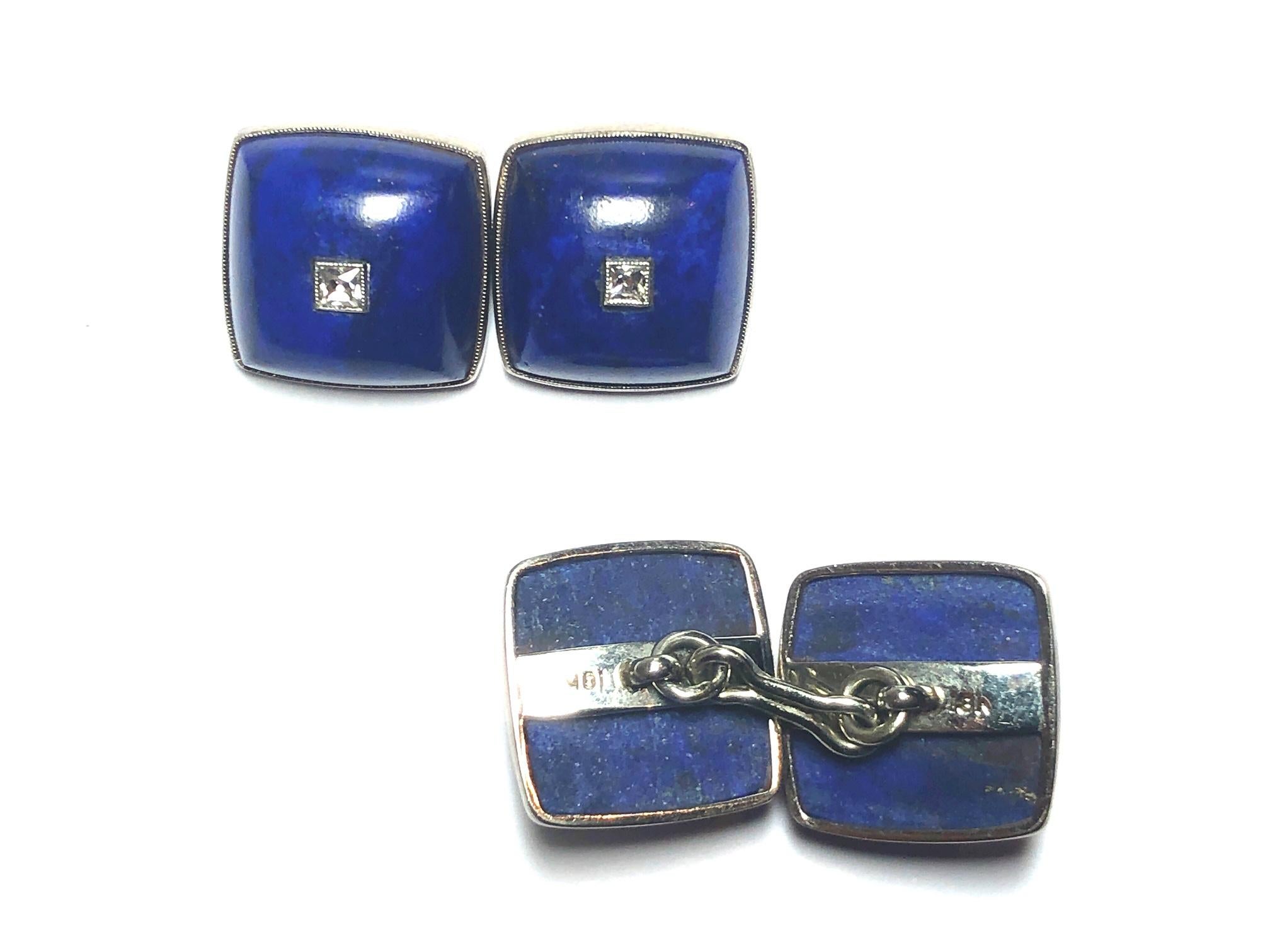 Taille carrée Boutons de manchette en lapis-lazuli et diamants, c. 1950 en vente