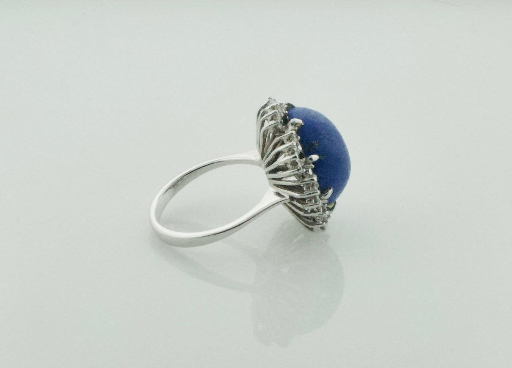 Round Cut Lapis Lazuli and Diamond Dome Ring in White Gold, circa 1960's For Sale