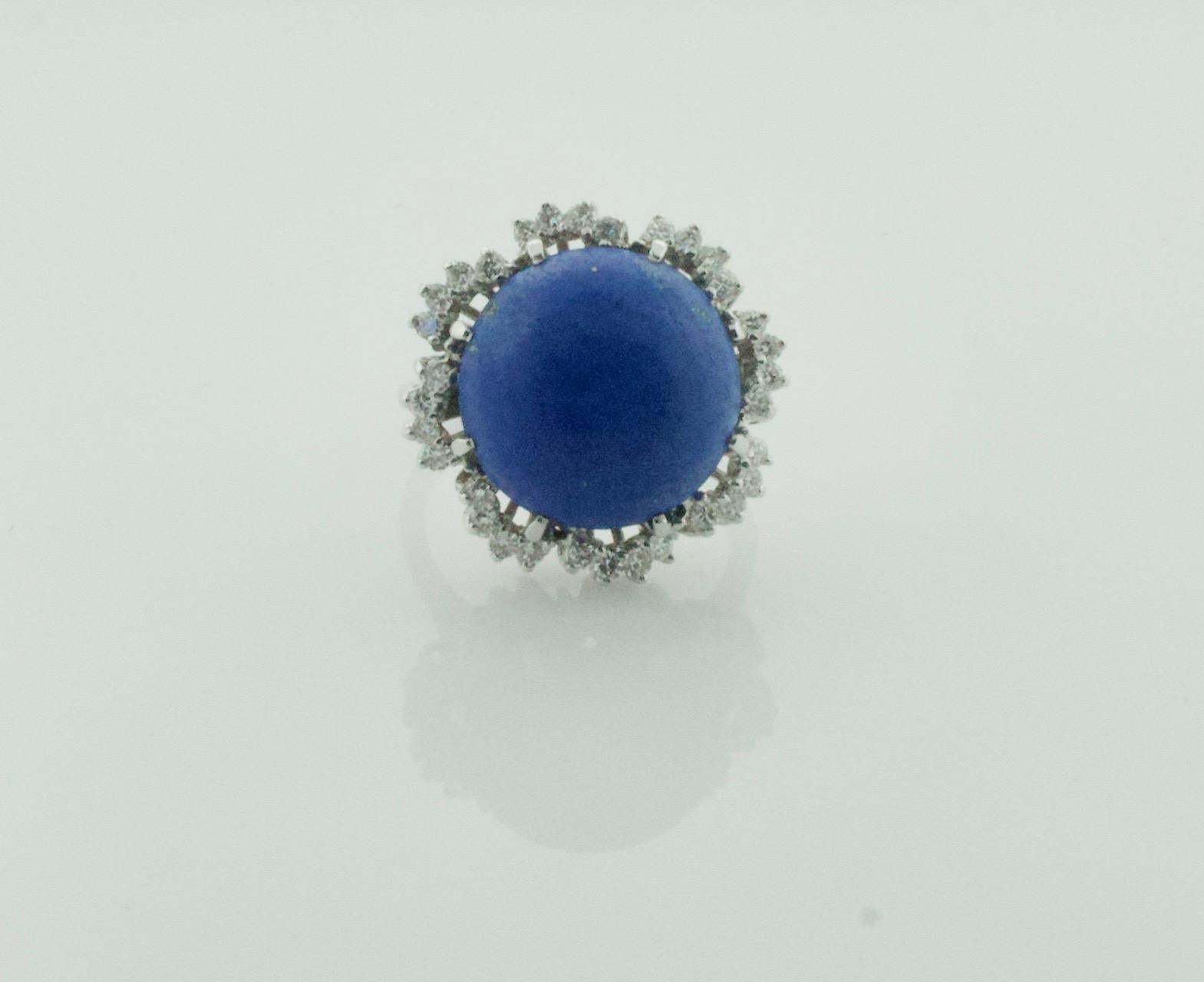 Women's or Men's Lapis Lazuli and Diamond Dome Ring in White Gold, circa 1960's For Sale