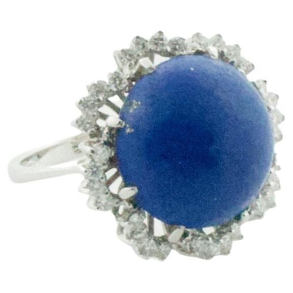 Lapis Lazuli and Diamond Dome Ring in White Gold, circa 1960's For Sale