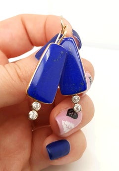 Lapis Lazuli and Diamond Earrings Encased in 14 Karat Yellow Gold Bezels