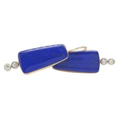 Retro Lapis Lazuli and Diamond Earrings Encased in 14 Karat Yellow Gold Bezels