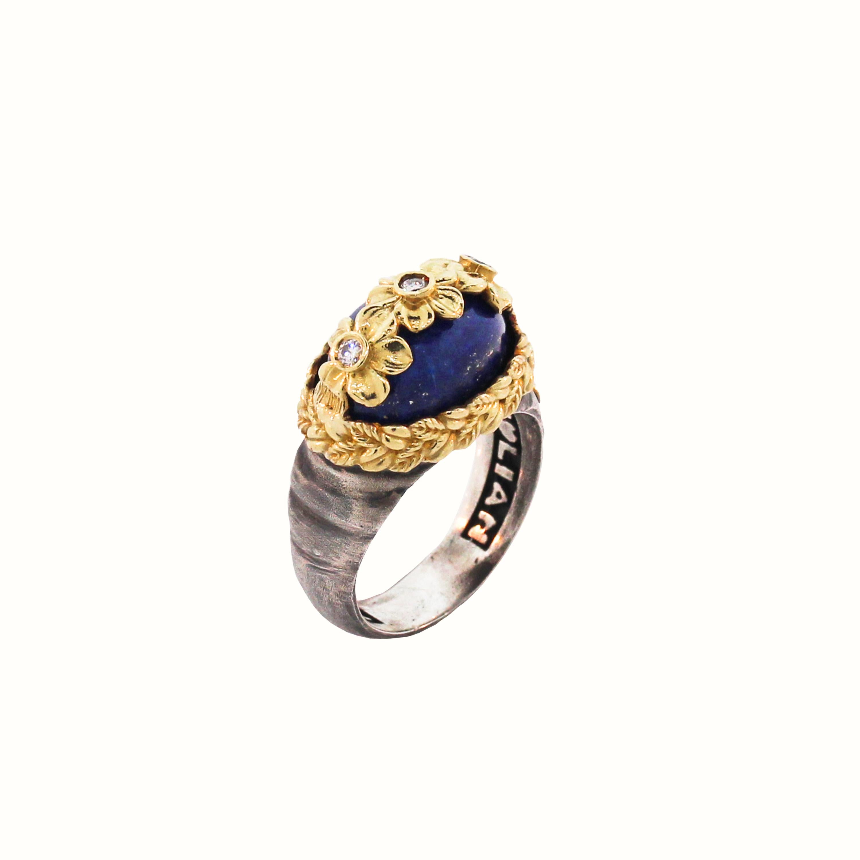 Women's Lapis Lazuli and Diamond Floral Ring with Sterling Silver and Gold Stambolian