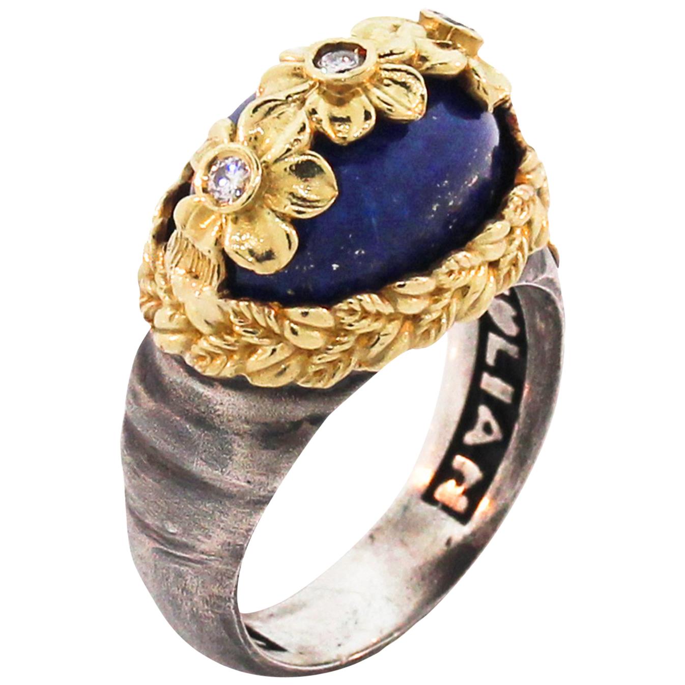 Lapis Lazuli and Diamond Floral Ring with Sterling Silver and Gold Stambolian