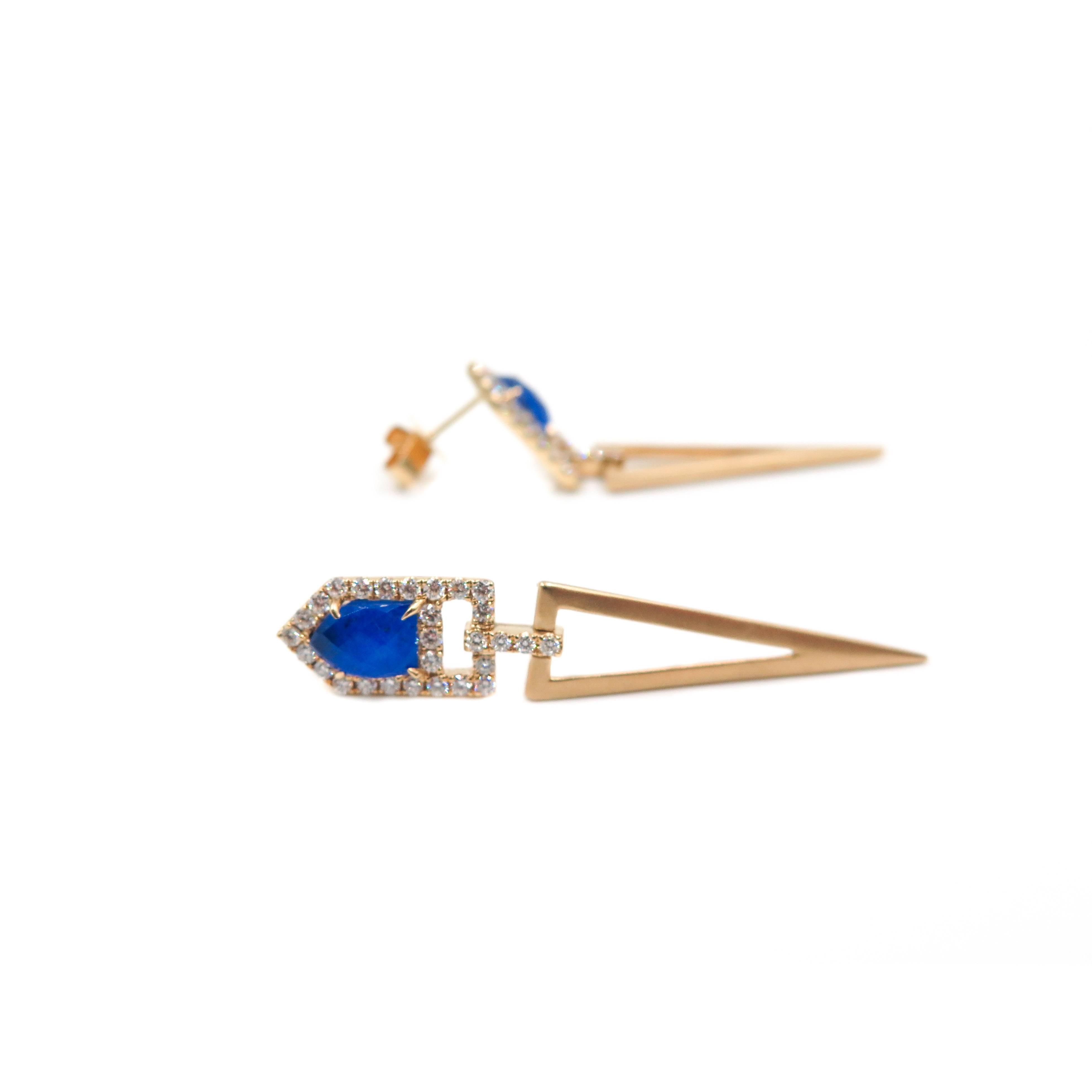 Lapis Lazuli and Diamond Geometric Gold Earrings In New Condition In Greenwich, CT