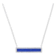 Lapis Lazuli and Diamond Halo Bar Necklace, 14 Karat White Gold .10 Carat