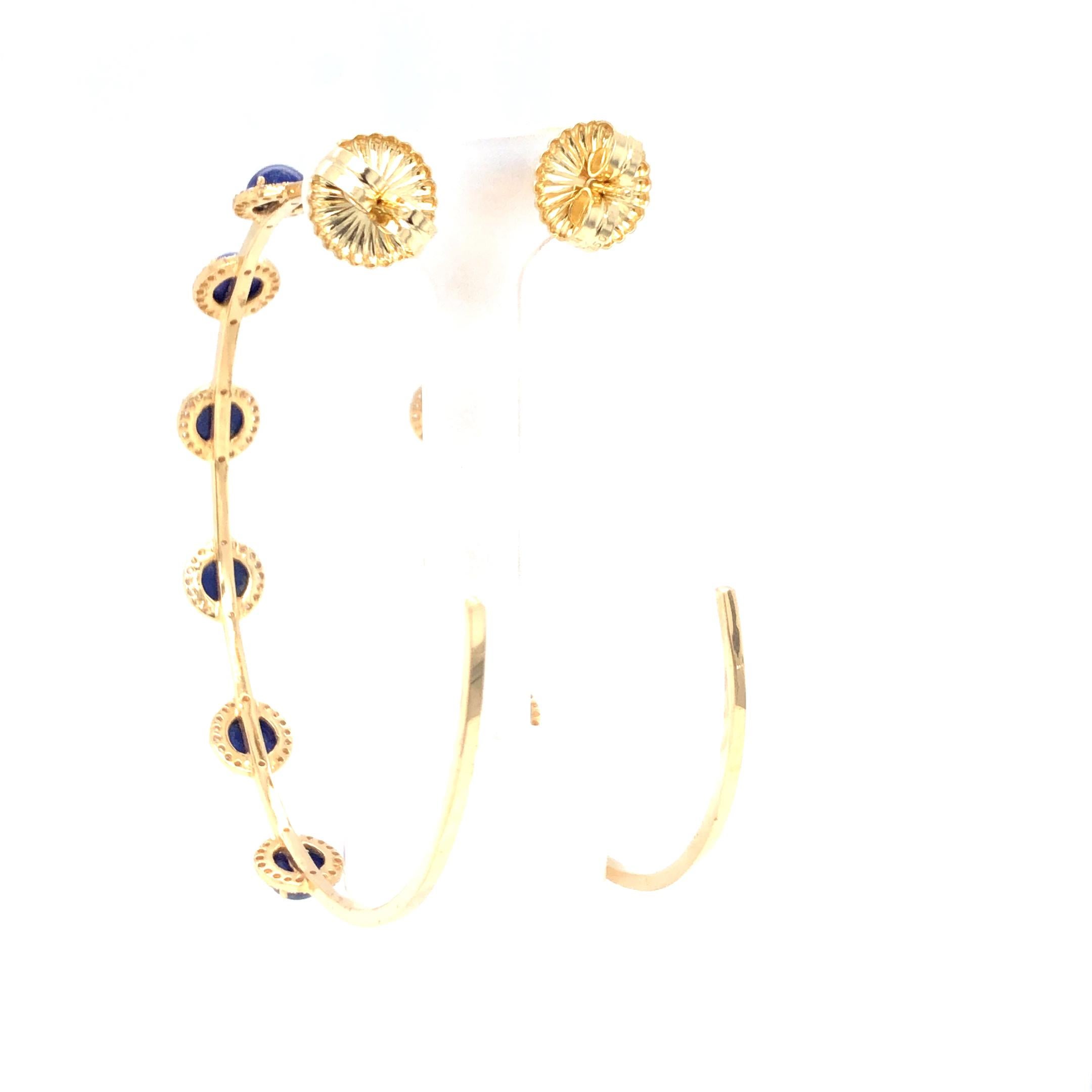 Cabochon Lapis Lazuli and Diamond Hoops 18K Yellow Gold