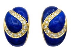 Lapis Lazuli and Diamond Inlay Half Hoop Earrings in 18 Karat Yellow Gold