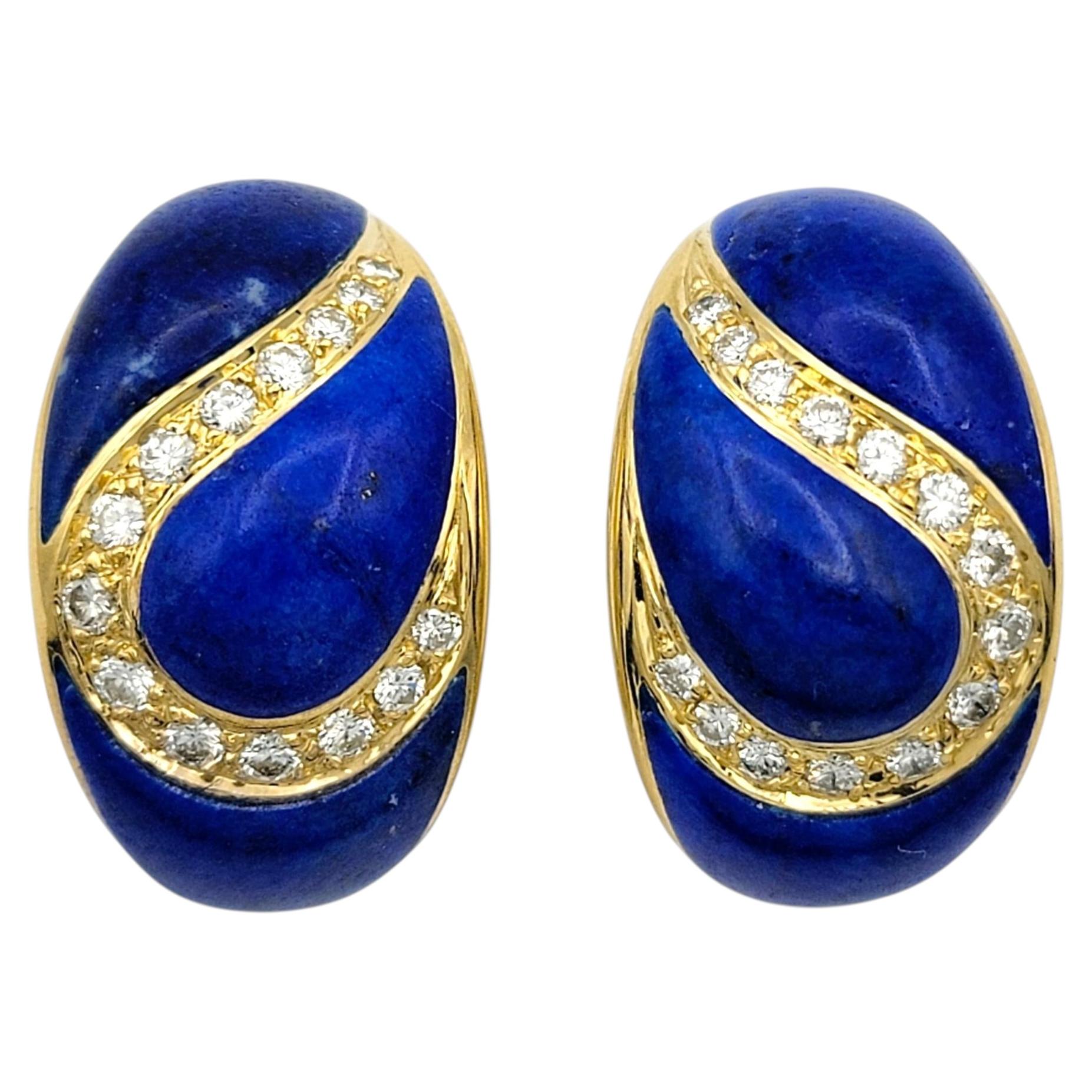 Lapis Lazuli and Diamond Inlay Half Hoop Earrings in 18 Karat Yellow Gold