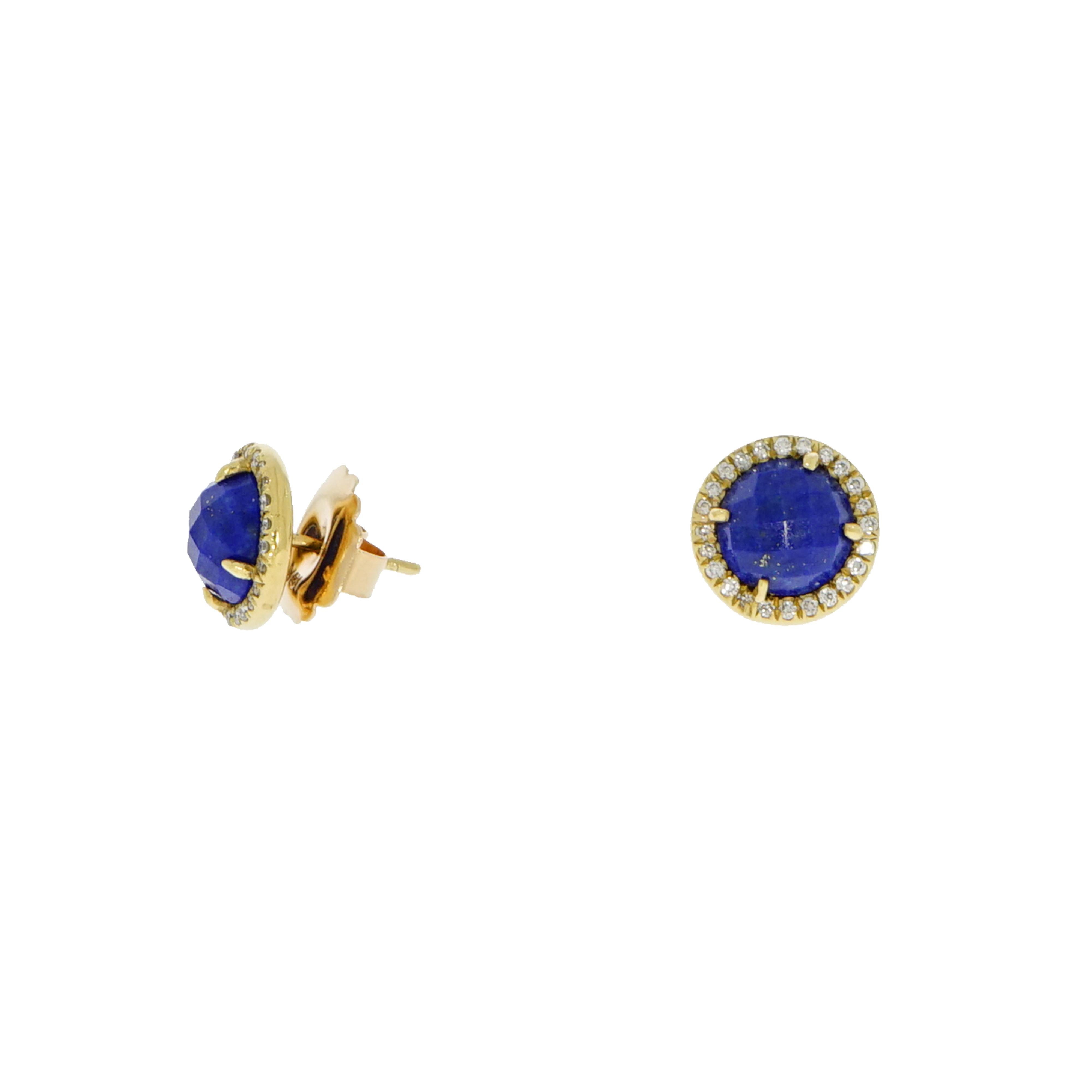 This style is the key to looking chic... Classic and simple with unique texture and sparkles.
Designed and crafted in NYC this beautiful Lapis Lazuli and Diamond Stud Earrings are set in 18k yellow gold with 2.95 carat Lapis Lazuli and 0.23 carat of