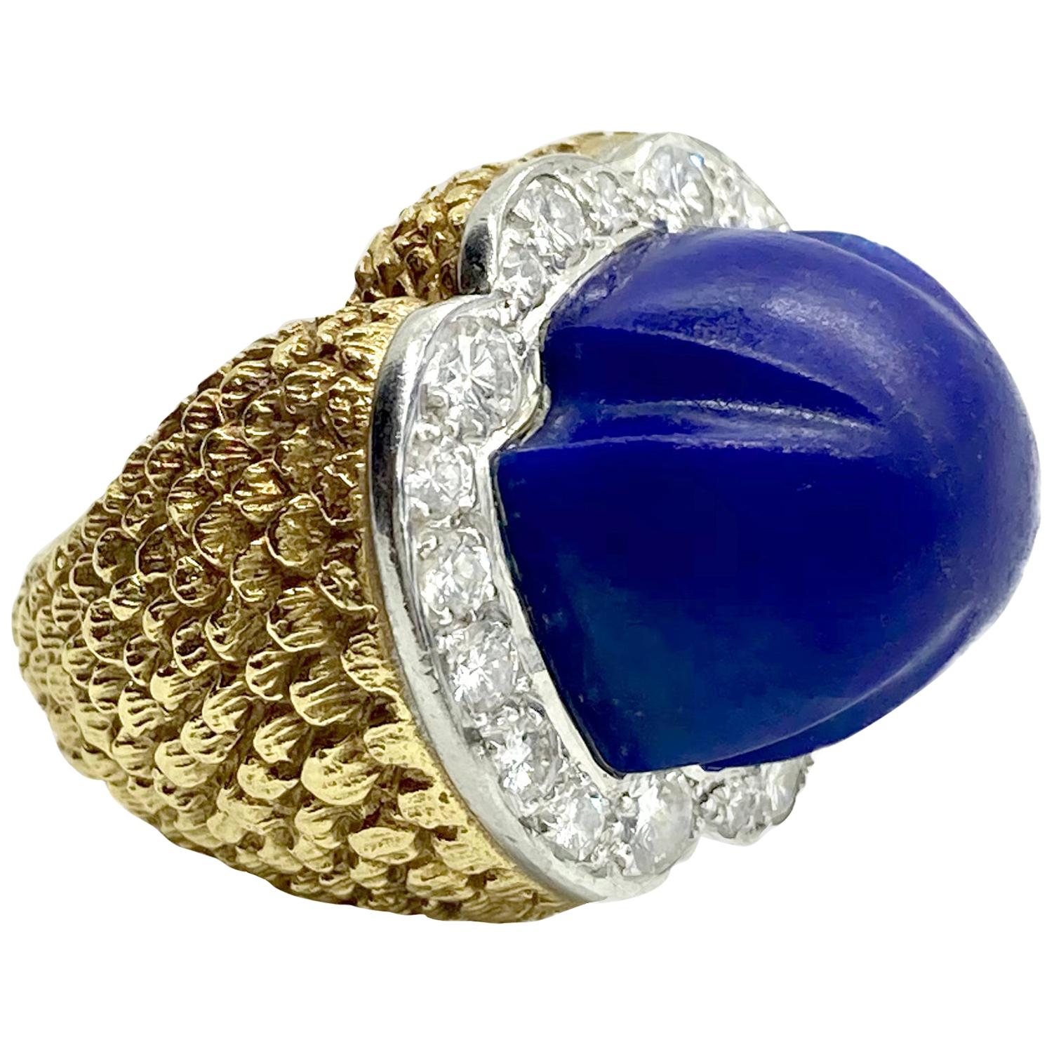 Lapis Lazuli and Diamond Textured Yellow Gold Dome Ring