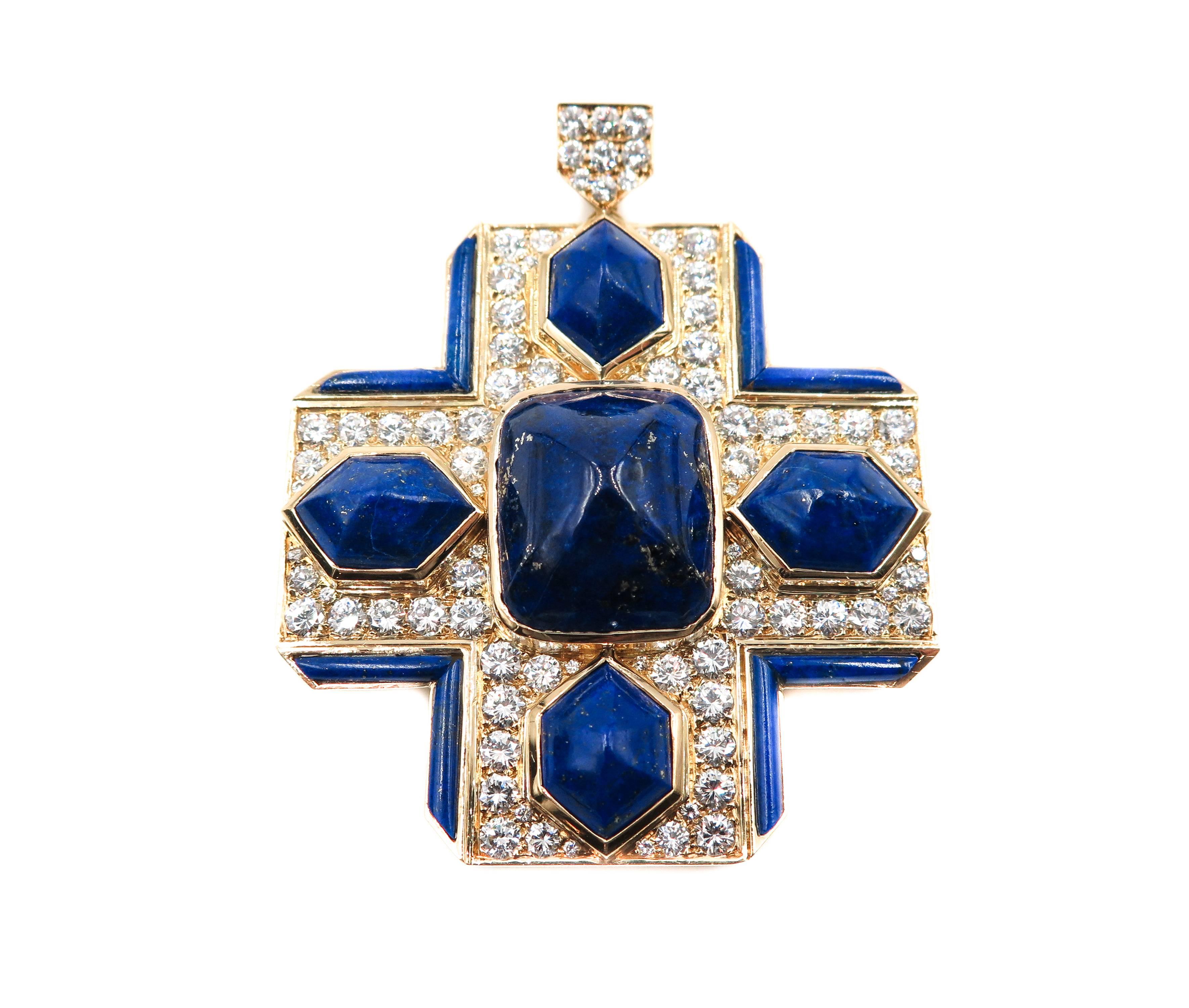 Women's or Men's Lapis Lazuli and Diamond Yellow Gold Cross