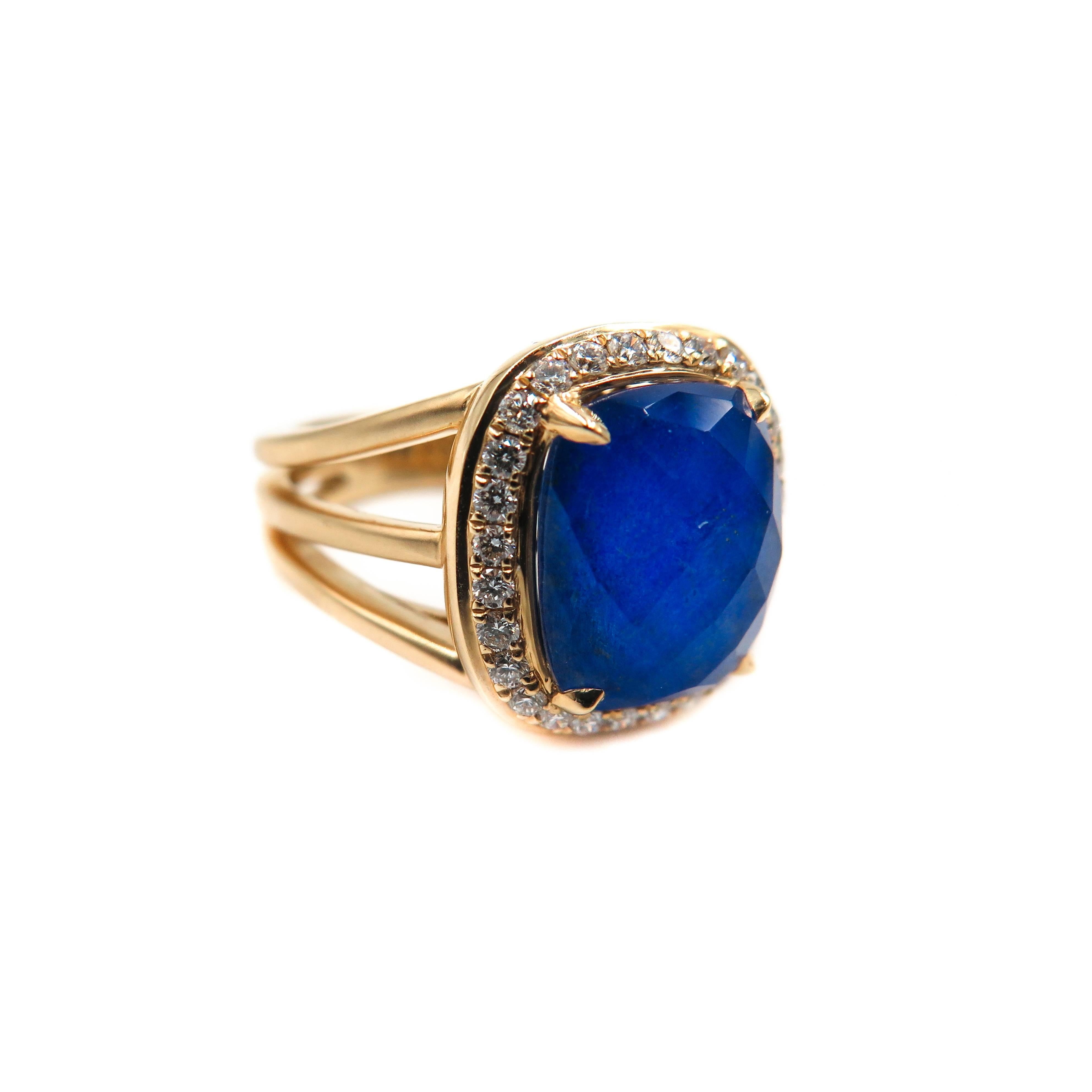 Royalty meets fashion. A deep intense blue with golden inclusions that shimmer likes stars in a night sky.
This gorgeous Lapis and Diamond Ring is the result of overlapping a beautiful faceted clear quartz over a deep blue lapis lazuli, creating