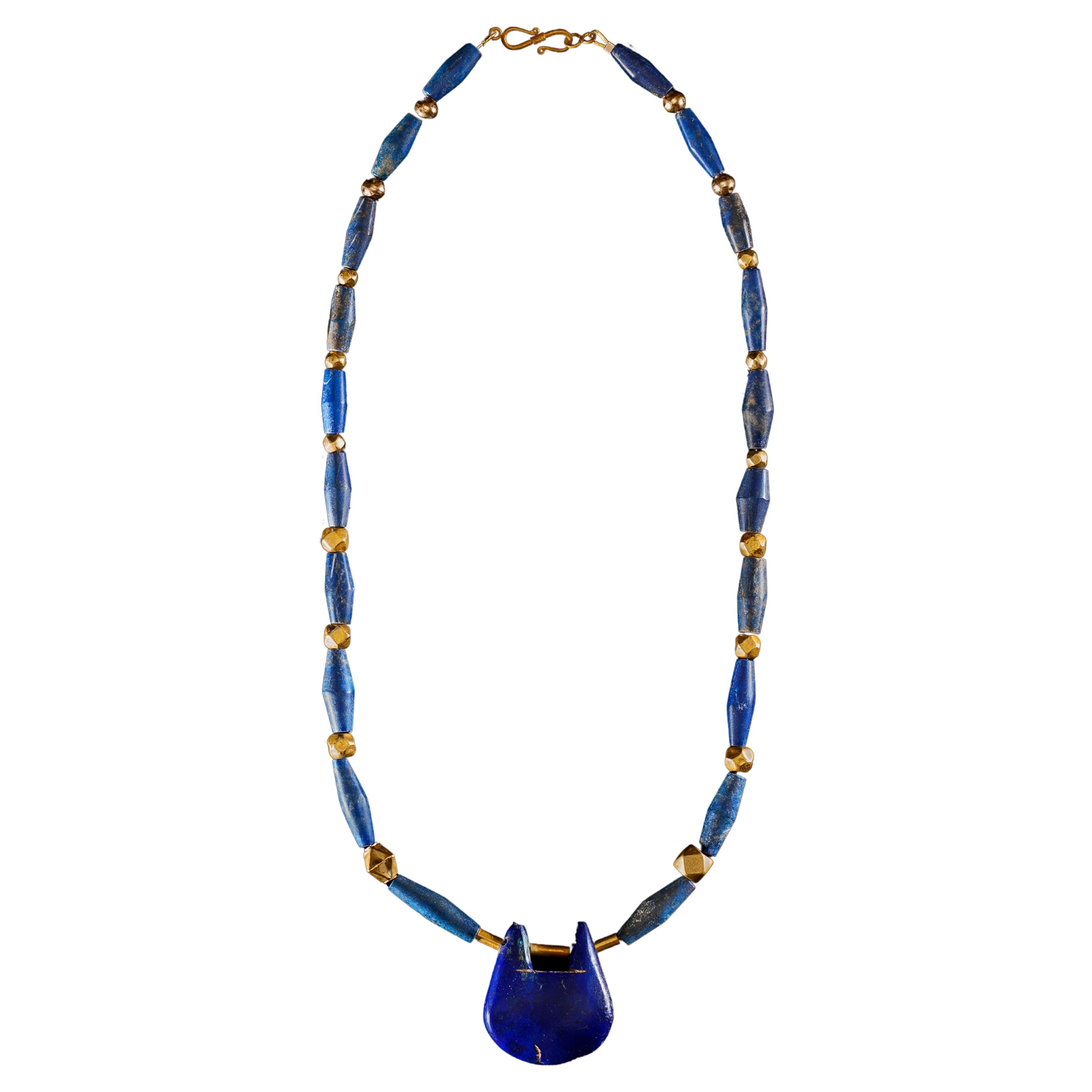 Lapis Lazuli and Gold Necklace with Large Lapis Pendant For Sale