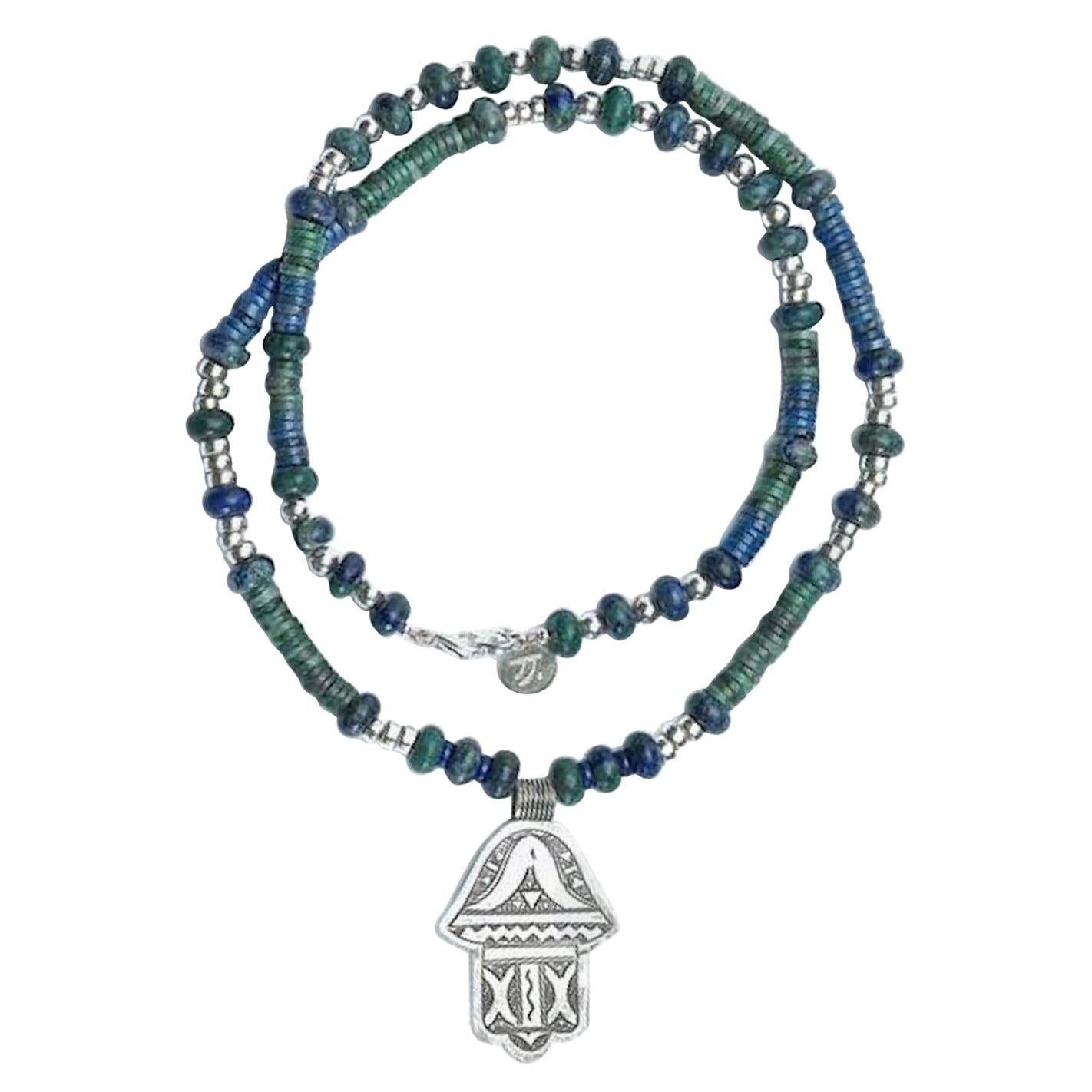 Lapis Lazuli and Green Jade Silver Hamsa Hayat Necklace For Sale