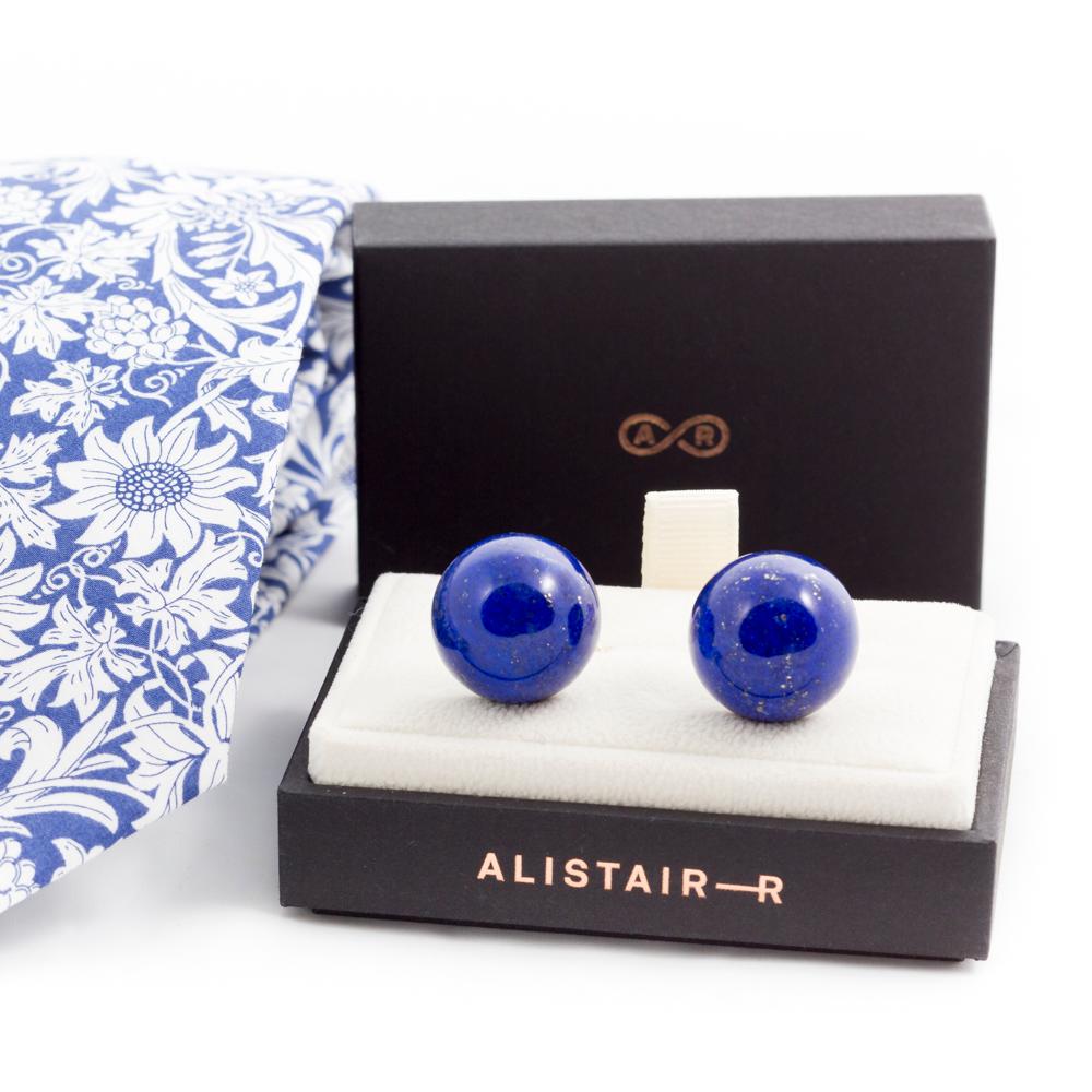 Large Lapis Lazuli dome shaped cufflinks - each stone having a weight of 25 carats and measuring 18mm in diameter by 11mm high. Only the Lapis gemstones show on the outer of the two cuffs - the links having been countersunk into the back of the