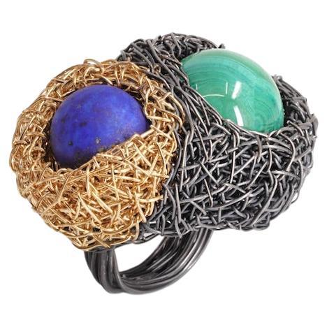 Lapis Lazuli and Malachite One-Off 14 K Yellow Gold F. Artist Cocktail Ring