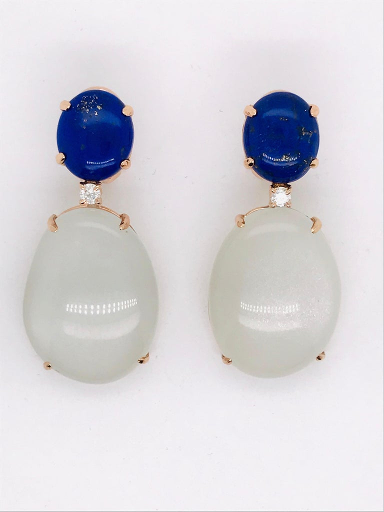 Contemporary Lapis Lazuli and Moonstone with Diamonds on Pink Gold Chandelier Earrings For Sale