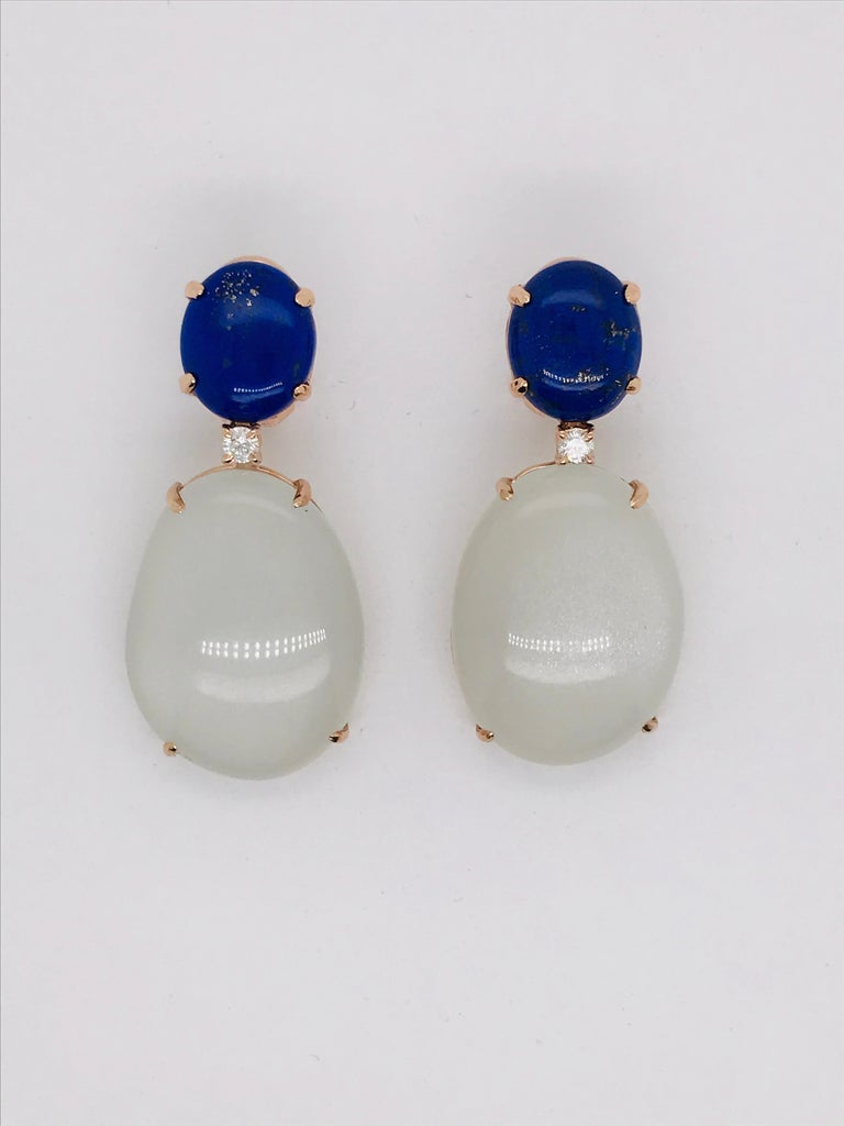 Lapis Lazuli and Moonstone with Diamonds on Pink Gold Chandelier Earrings In New Condition For Sale In Vannes, FR
