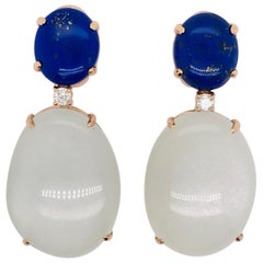 Boucles d'oreilles chandelier en or rose, lapis-lazuli et pierre de lune avec diamants