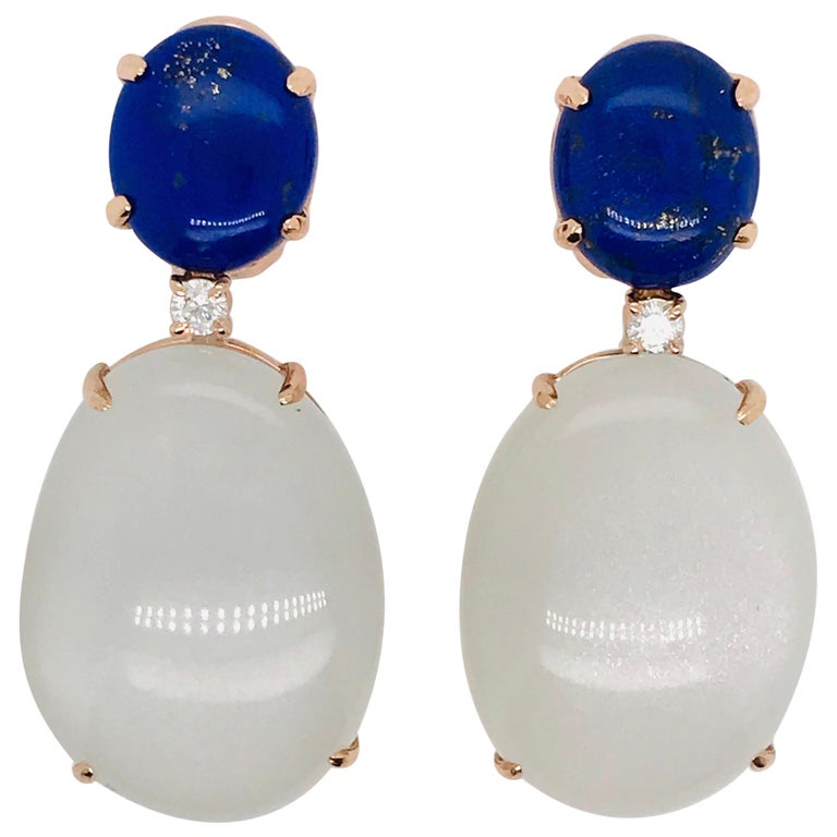 Lapis Lazuli and Moonstone with Diamonds on Pink Gold Chandelier Earrings For Sale