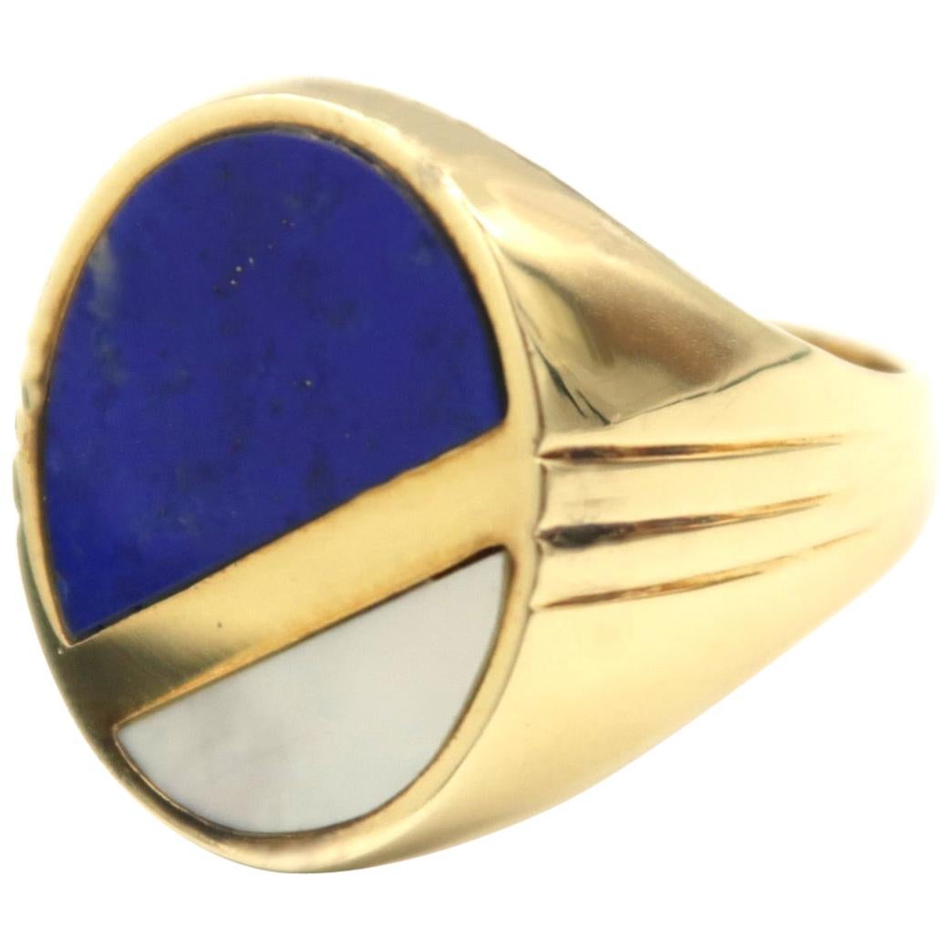Lapis Lazuli and Mother of Pearl Oval Men's Signet Ring in 14 Karat Yellow Gold