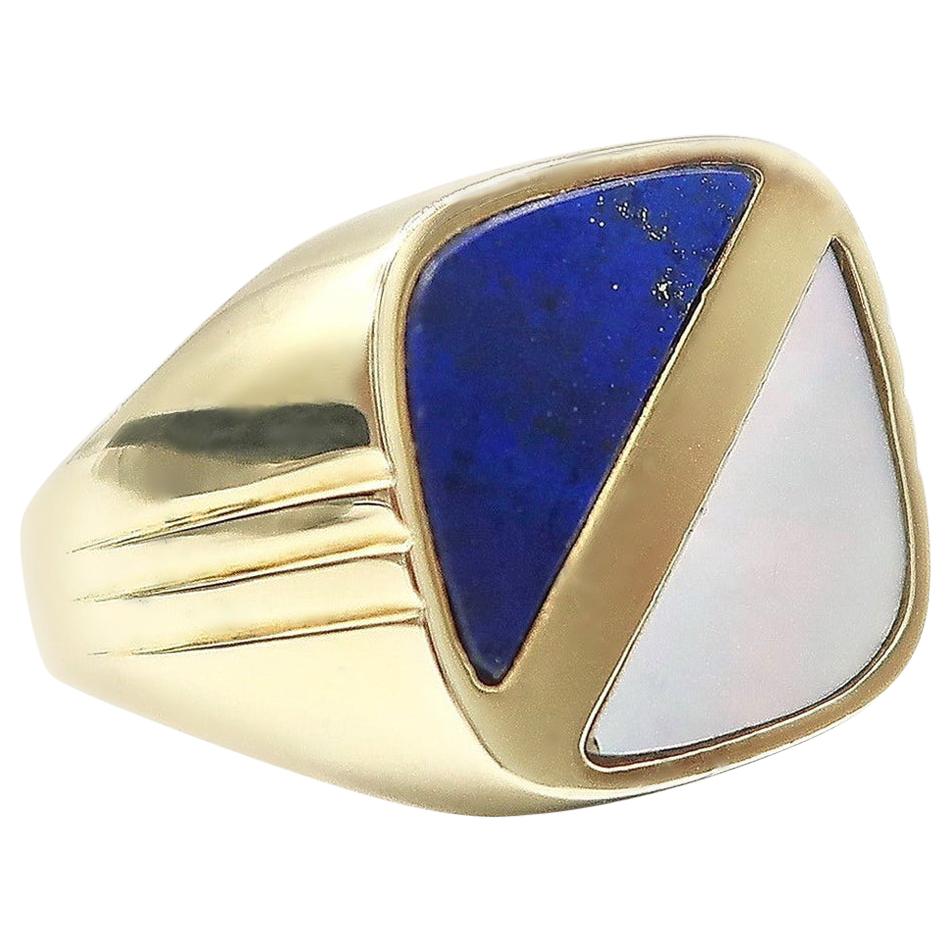Lapis Lazuli and Mother of Pearl Rounded Square Men's Signet Yellow Gold Ring