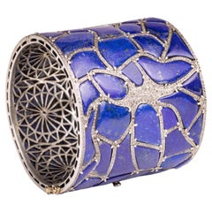 Lapis Lazuli and Pave` Diamond Clamper Cuff Bracelet