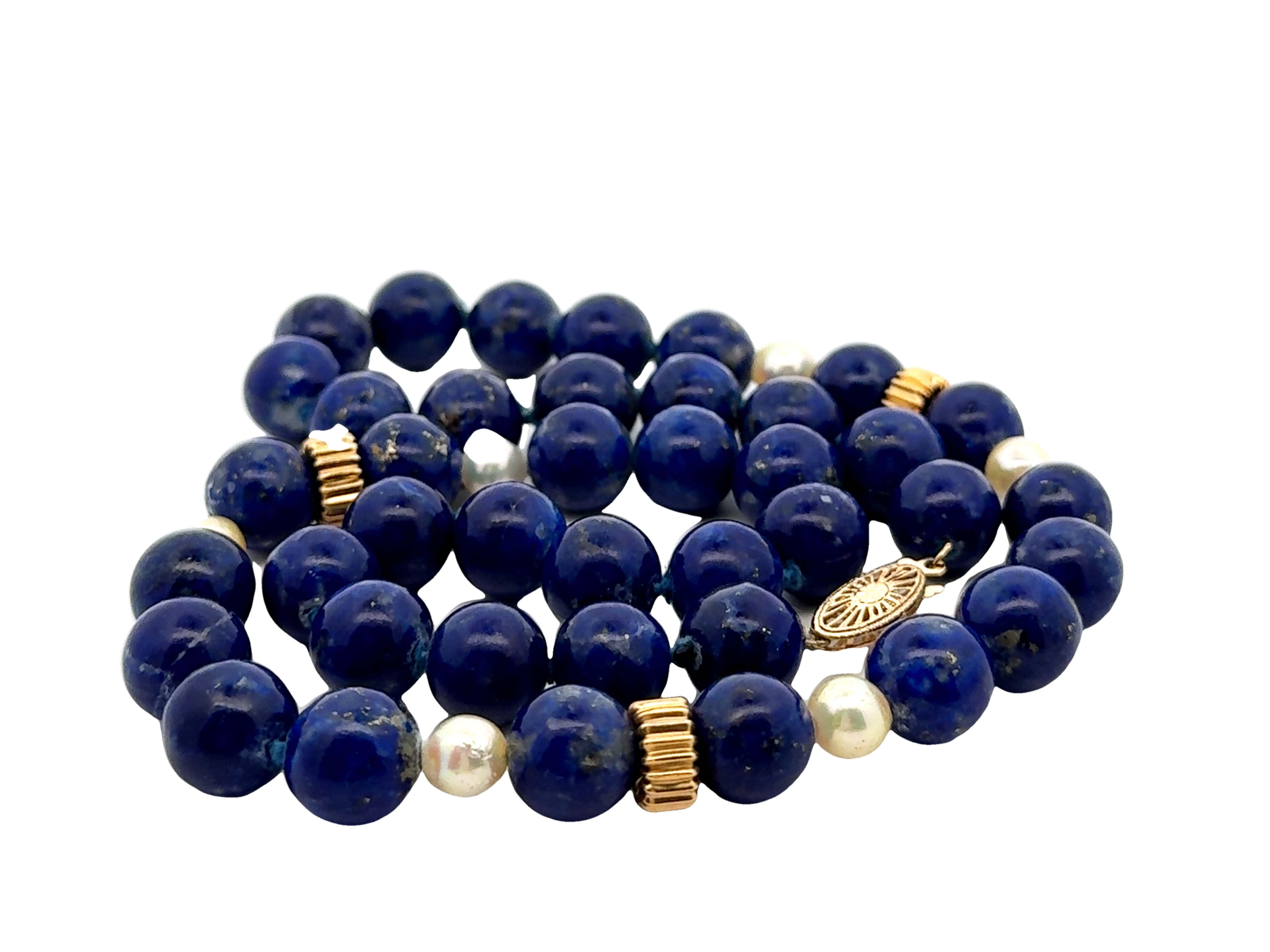 Collana di lapislazzuli e perle in oro giallo 14k in vendita 5