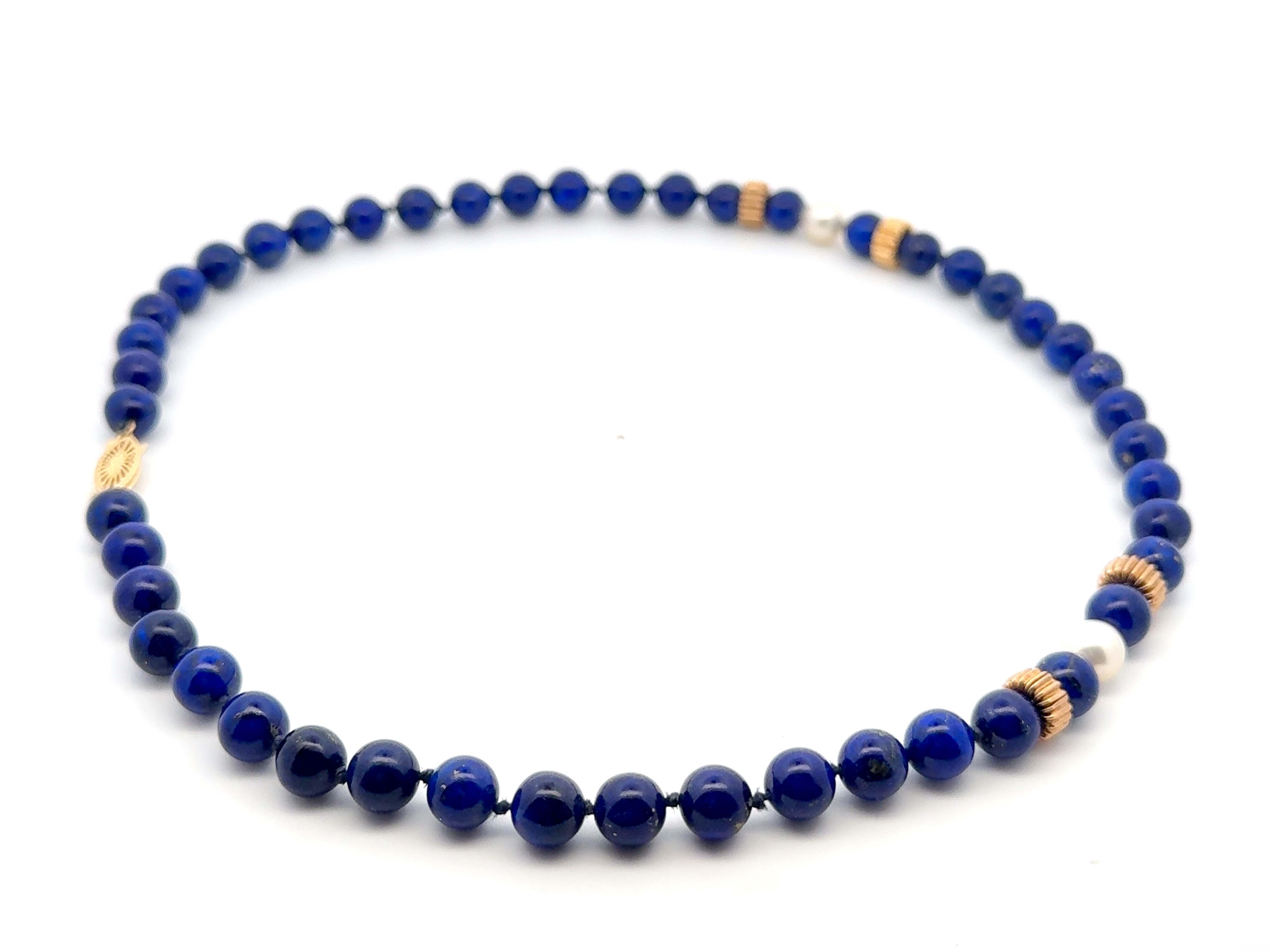 Taglio rotondo Collana di lapislazzuli e perle in oro giallo 14k in vendita