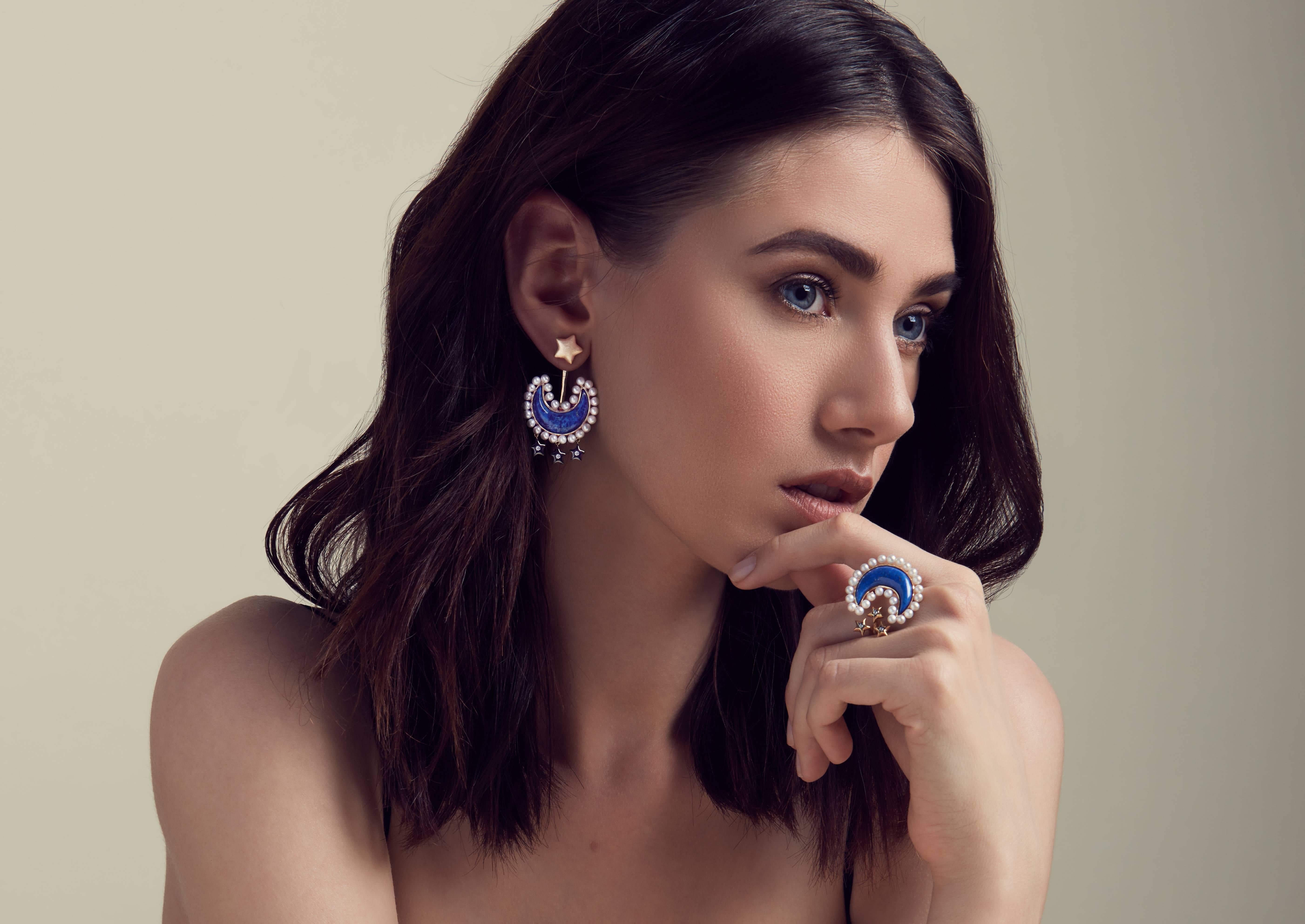A unique and gorgeous design masterfully crafted in vermeil gold and black ruthenium, hand cut natural Lapis Lazuli and fresh water pearls earrings.Star studs can be worn separately.