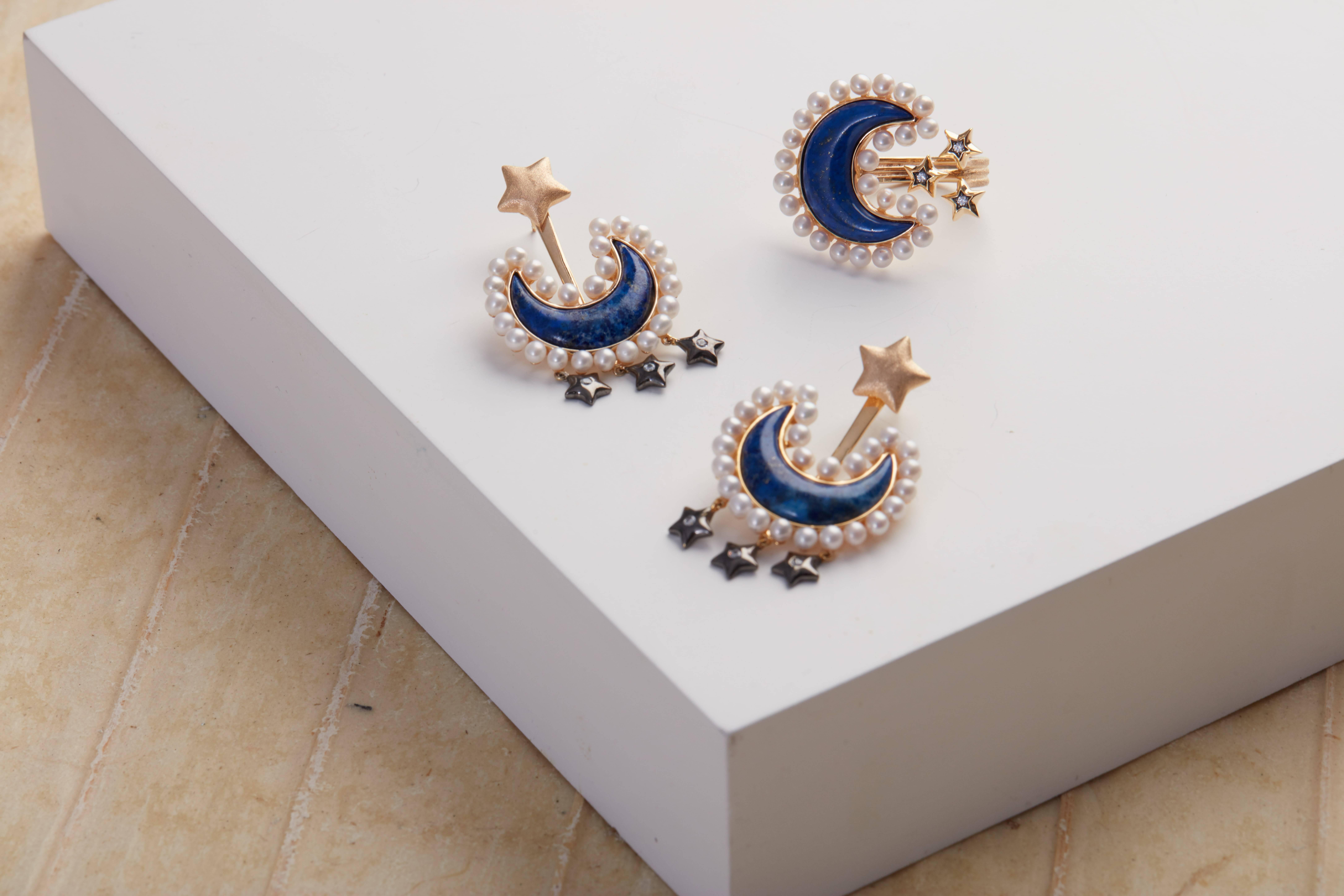 Contemporary Lapis Lazuli and Pearl Vermeil Gold Earrings