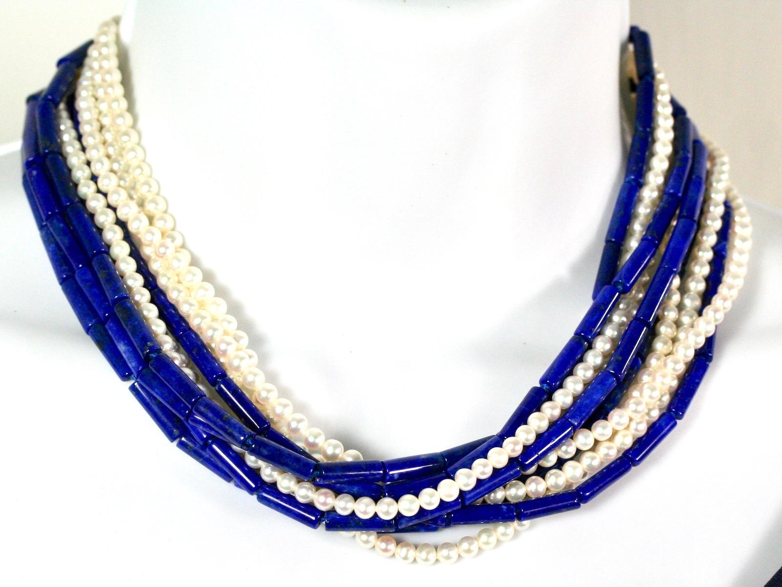 Contemporary Lapis Lazuli and Seed Pearl 10-Strand Torsade Necklace with 18 Karat Gold Clasp For Sale