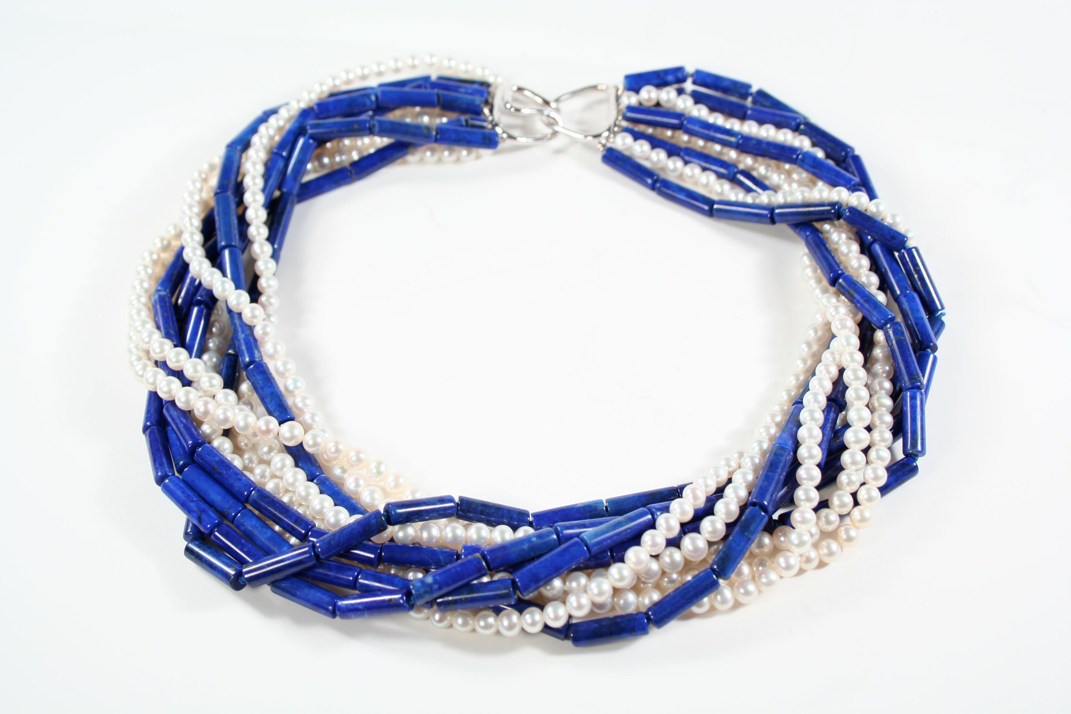 Lapis Lazuli and Seed Pearl 10-Strand Torsade Necklace with 18 Karat Gold Clasp In New Condition For Sale In New York, NY
