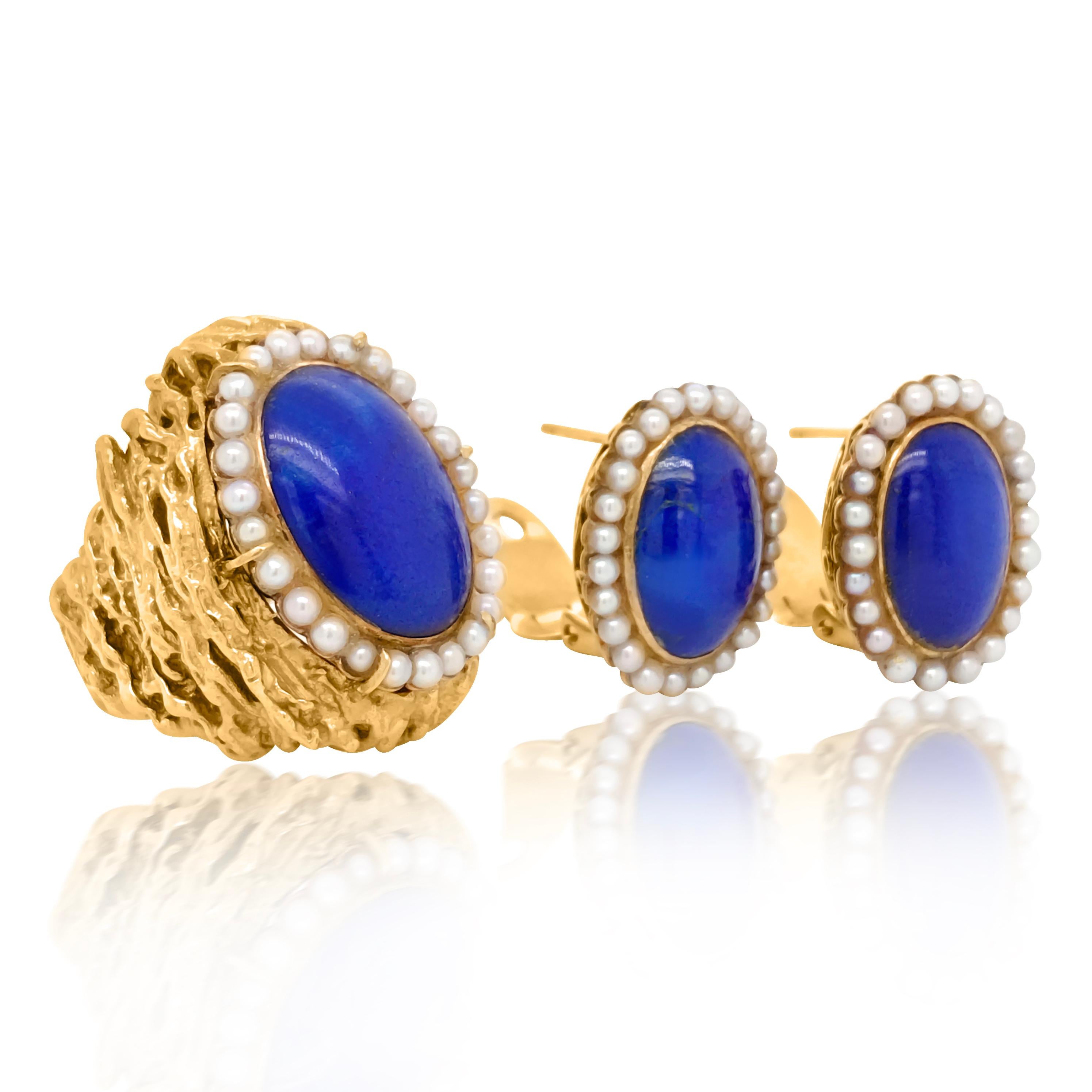 This unique and gorgeous set is consisting of a gold nugget textured ring containing one oval cabochon cut lapis lazuli measuring approximately 17.87 mm and numerous seed pearls measuring approximately 2.19mm in diameter, together with a matching