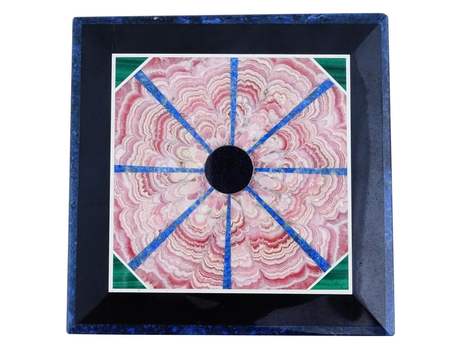 A beautiful present box of a square form, hand crafted of lapis lazuli and inlaid with different minerals such as green malachite, picture jasper, rhodochrosite, and more. Unmarked. Intarsia traces its history back to Italy and the Renaissance where