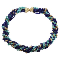 Vintage Lapis Lazuli, and Turquoise Bead, Yellow Gold Multi-Strand Necklace